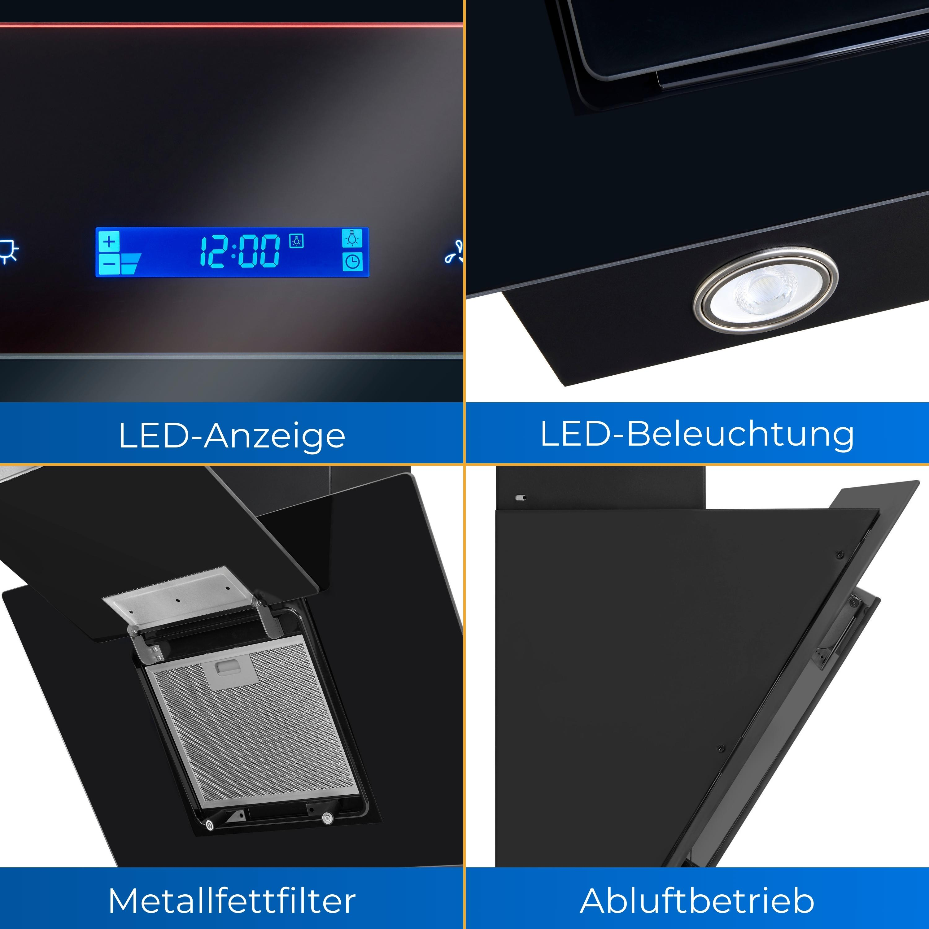Nahaufnahme einer schwarzen Dunstabzugshaube mit Display und Lichtern.