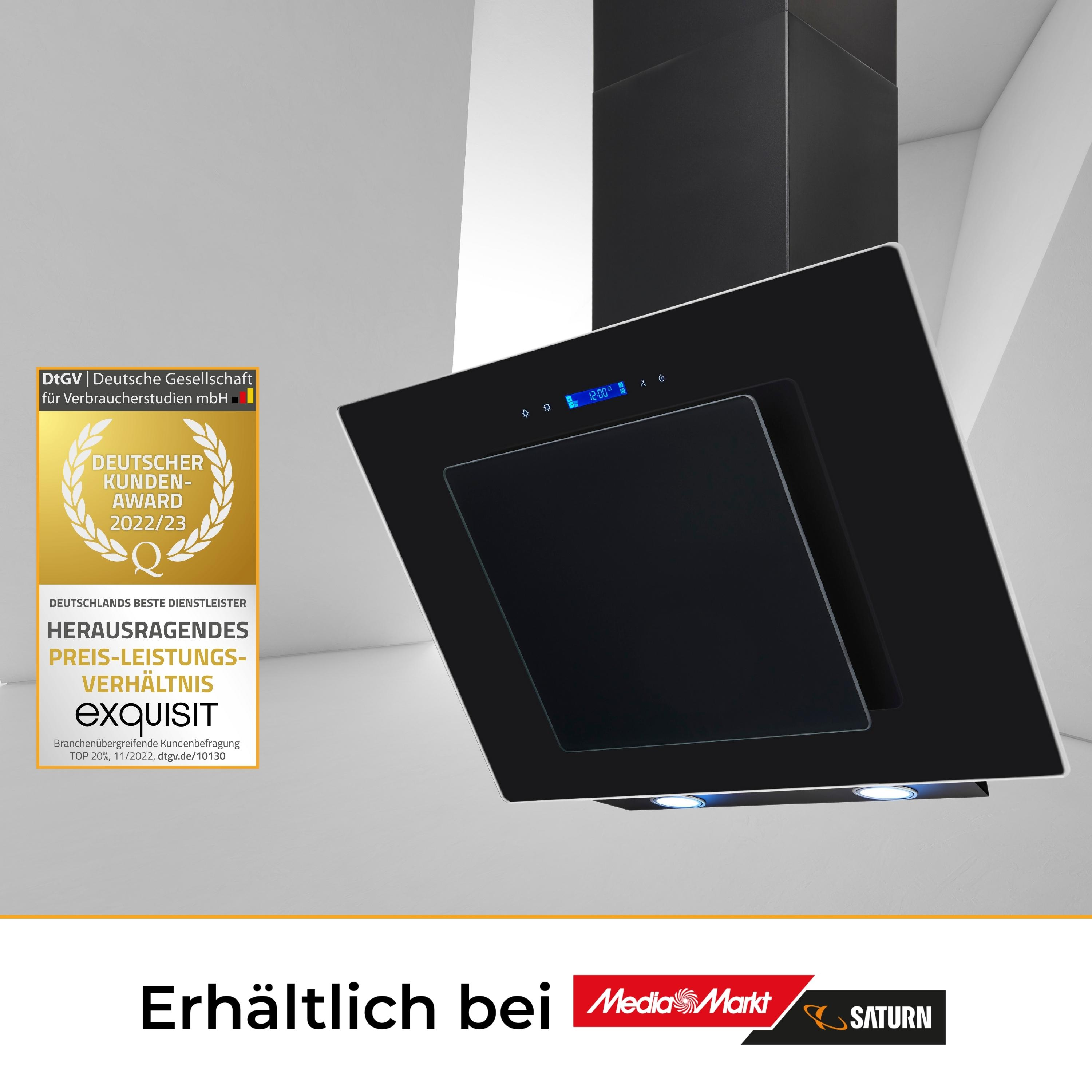 Schwarze Dunstabzugshaube mit Digitalanzeige. Auszeichnung und Markentext links und unten.
