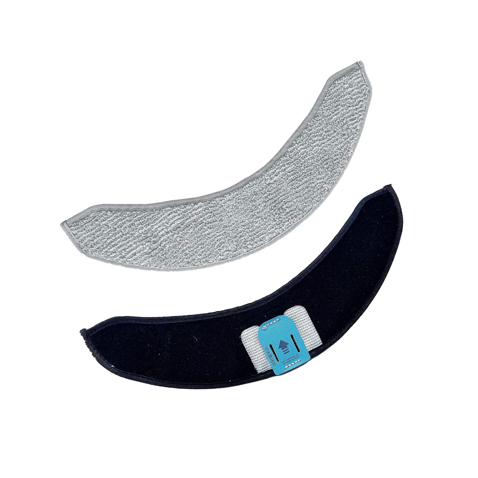 Zwei graue und schwarze Moppköpfe. Einer grau, einer schwarz, mit Klettverschluss und blauem Etikett.