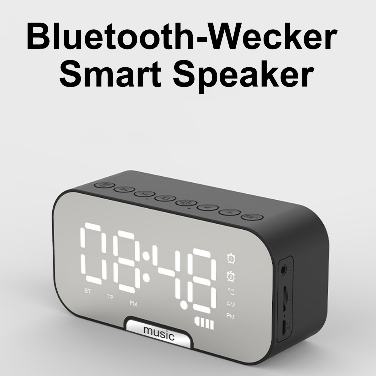 Schwarzer Smart Speaker mit Digitaluhr-Anzeige.