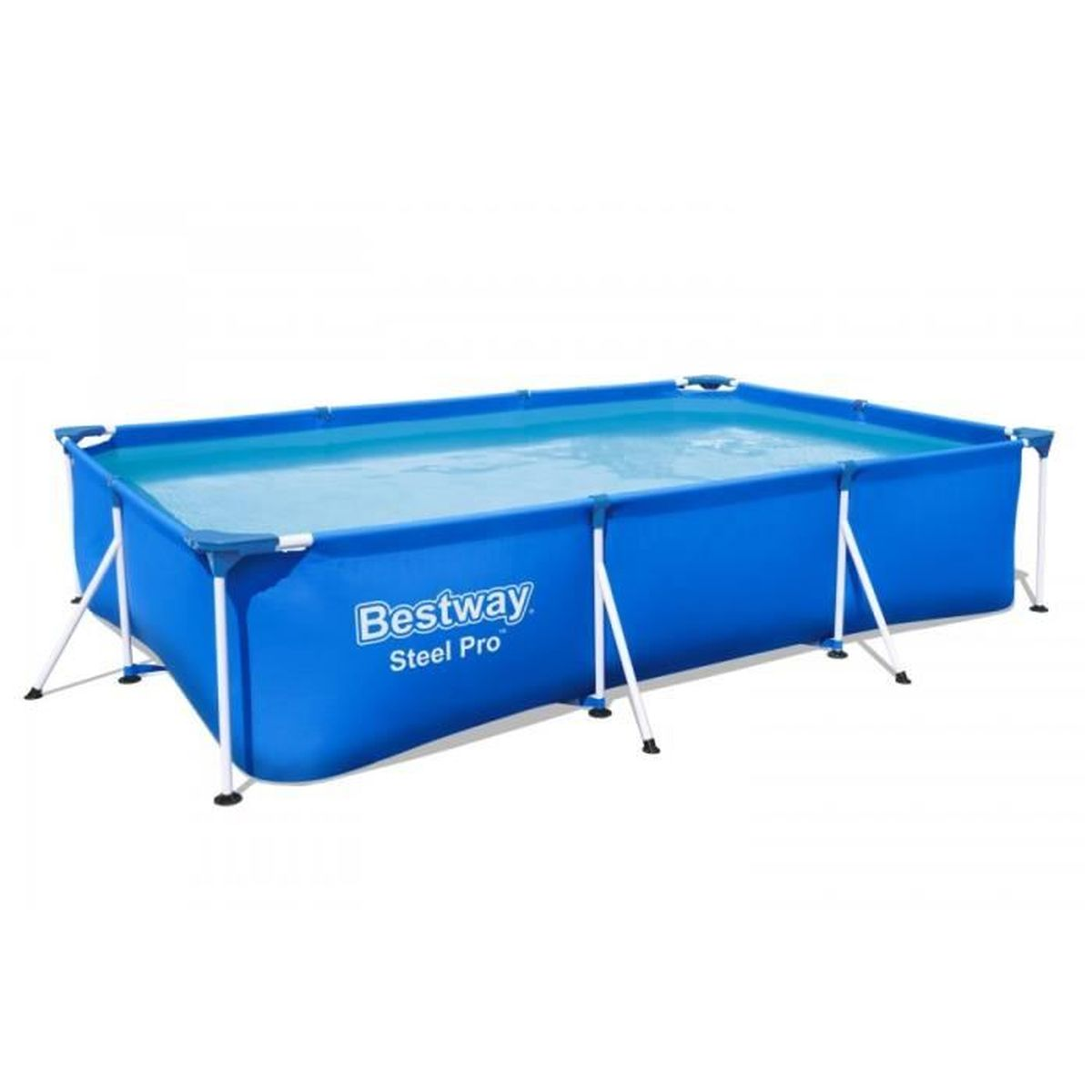 Blauer rechteckiger Aufstellpool mit Metallrahmen. Das Wasser ist innen sichtbar.