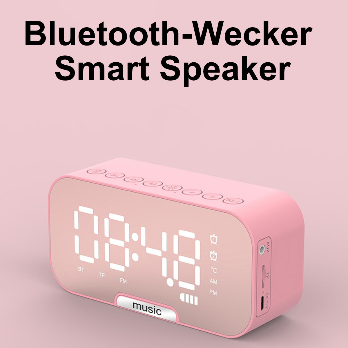 Rosa Digitalwecker mit rosa Hintergrund. Es zeigt die Uhrzeit 08:48 an. Text: Bluetooth-Wecker Smart Speaker.