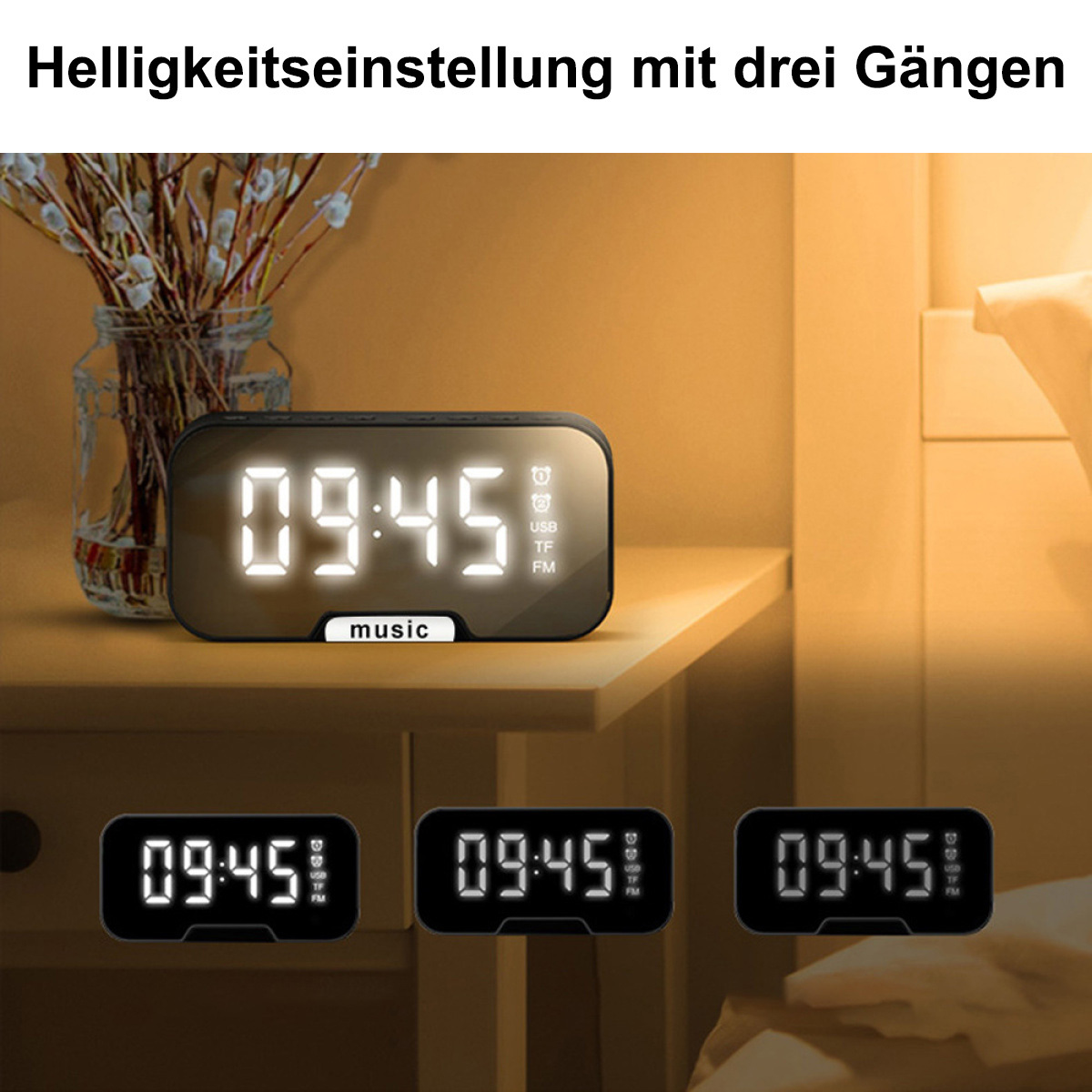 Ein digitaler Wecker zeigt die Uhrzeit an. Drei Uhren werden gezeigt, jede mit einer anderen Helligkeitseinstellung.