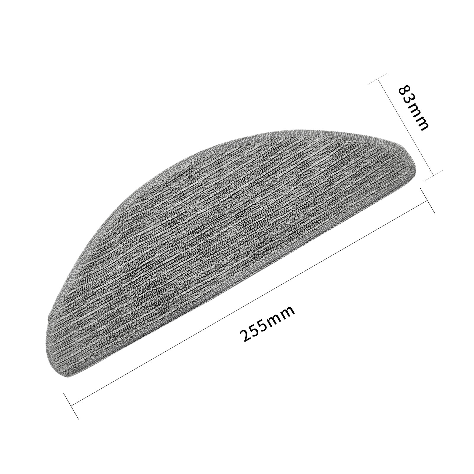 Graue, halbkreisförmige Treppenstufe mit den Maßen: 255 mm lang, 83 mm breit.