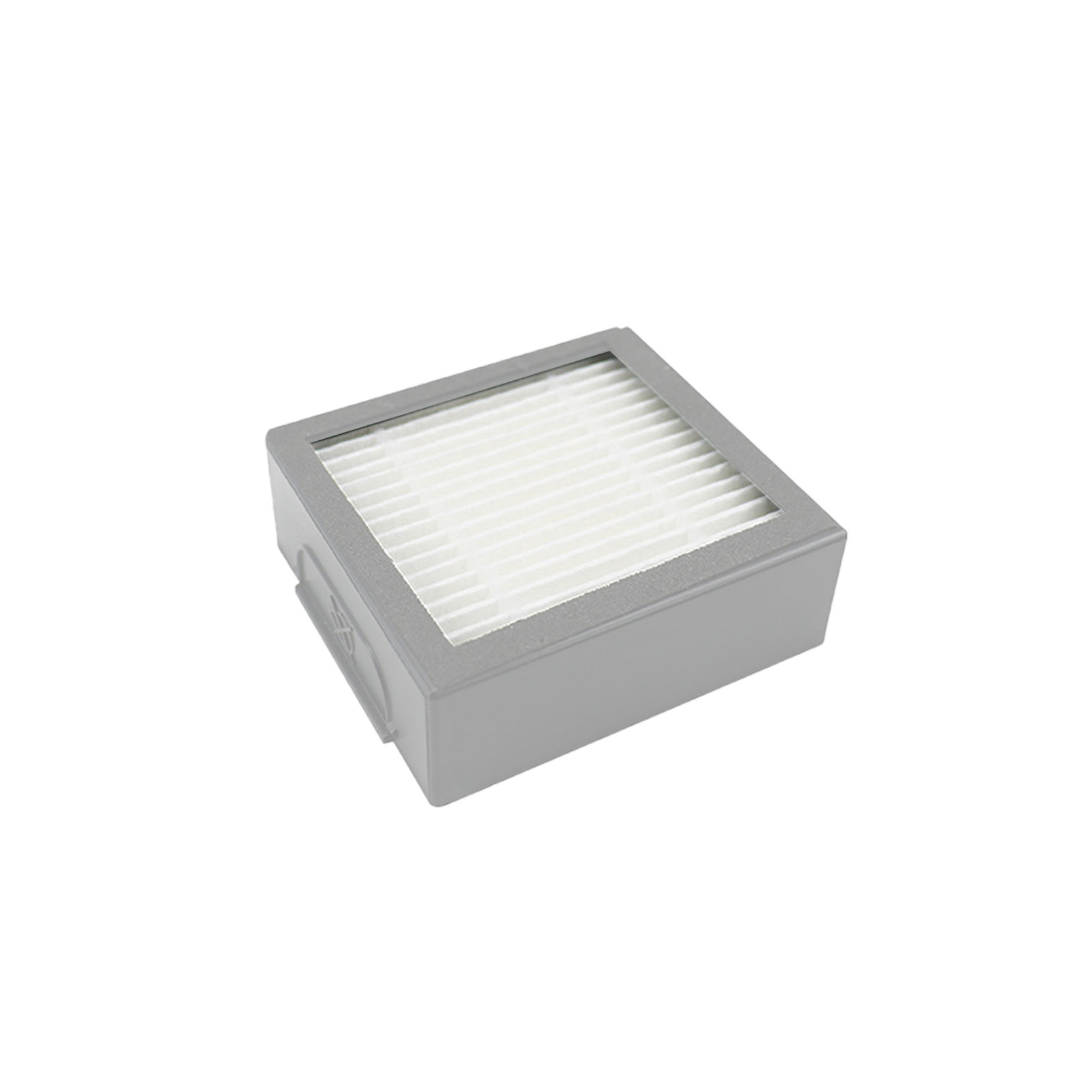 Grauer Filter mit weißem Innenraum. Rechteckige Form mit grauem Rahmen und weißem Filter.