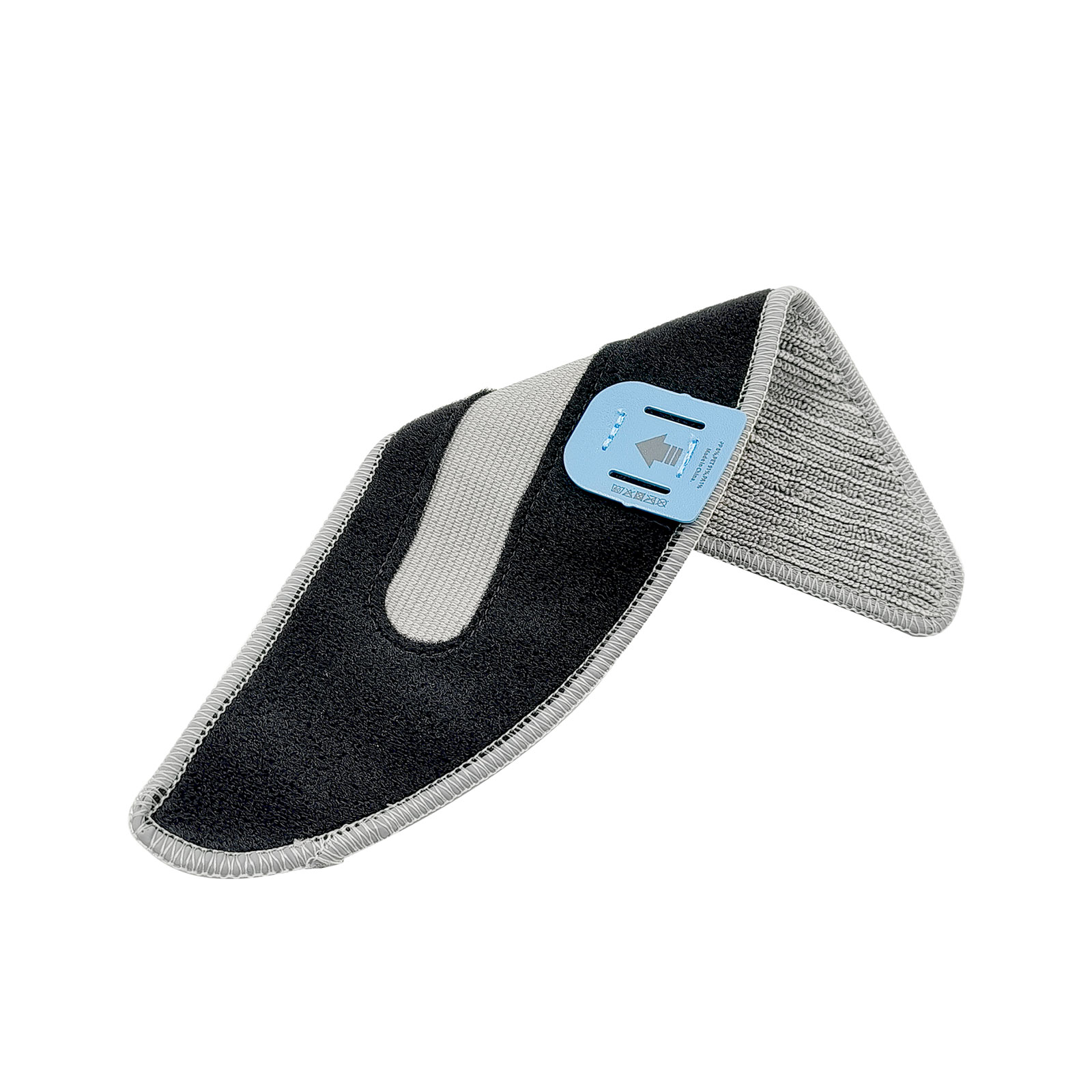 Ein schwarzer und grauer Moppkopf mit einem blauen Kunststoffteil mit einem Pfeil.