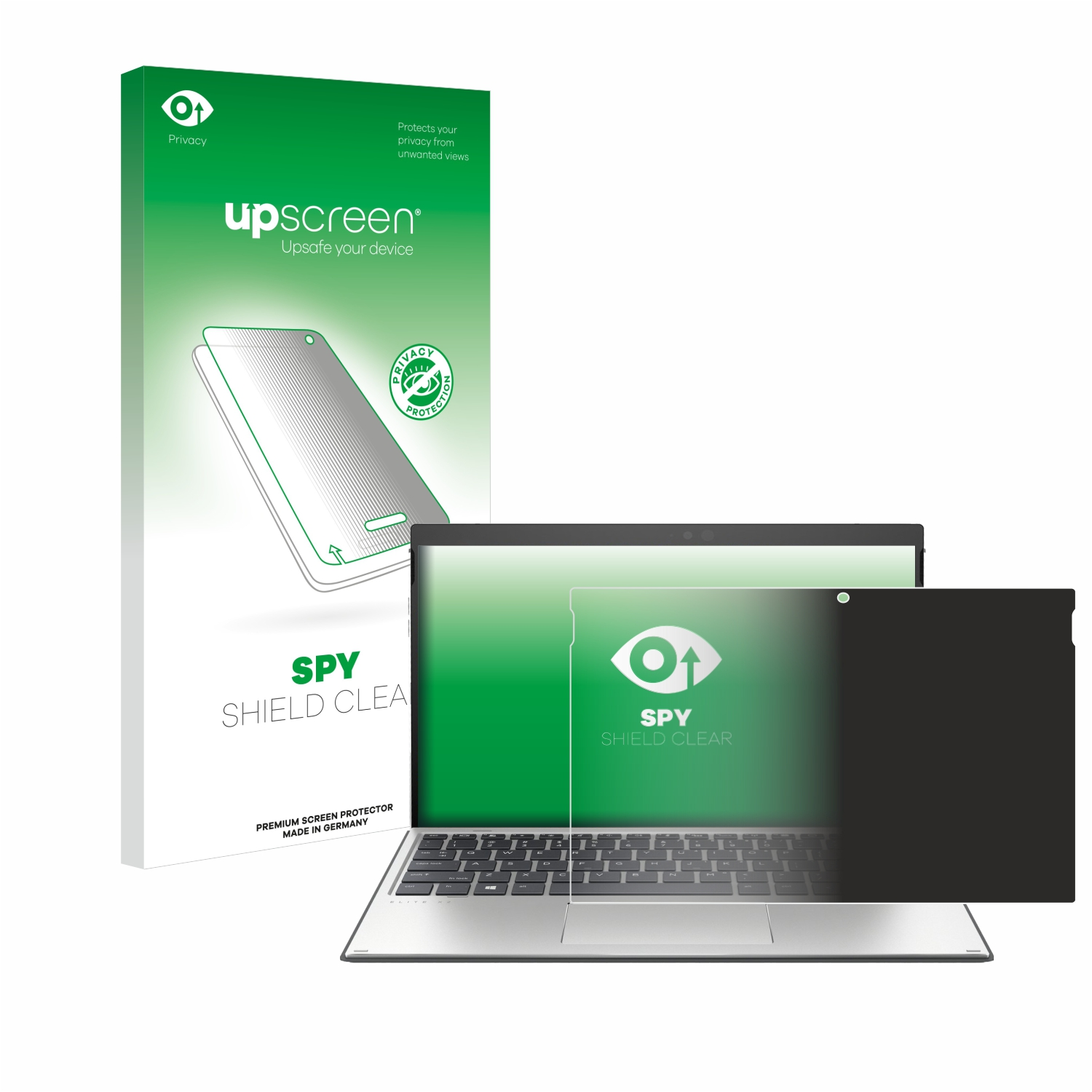 Laptop-Displayschutzfolie mit Box. Der Schutz ist dunkel. Der Hintergrund ist weiß.