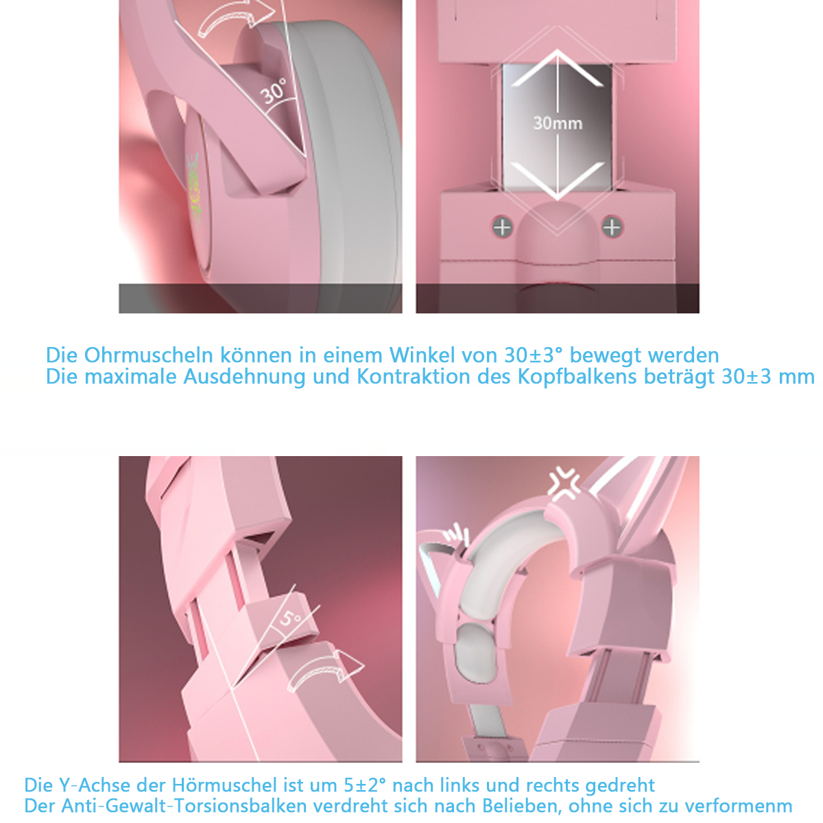 Primo piano di cuffie rosa, che mostrano angoli di movimento e misure. Sfondo bianco e rosa.