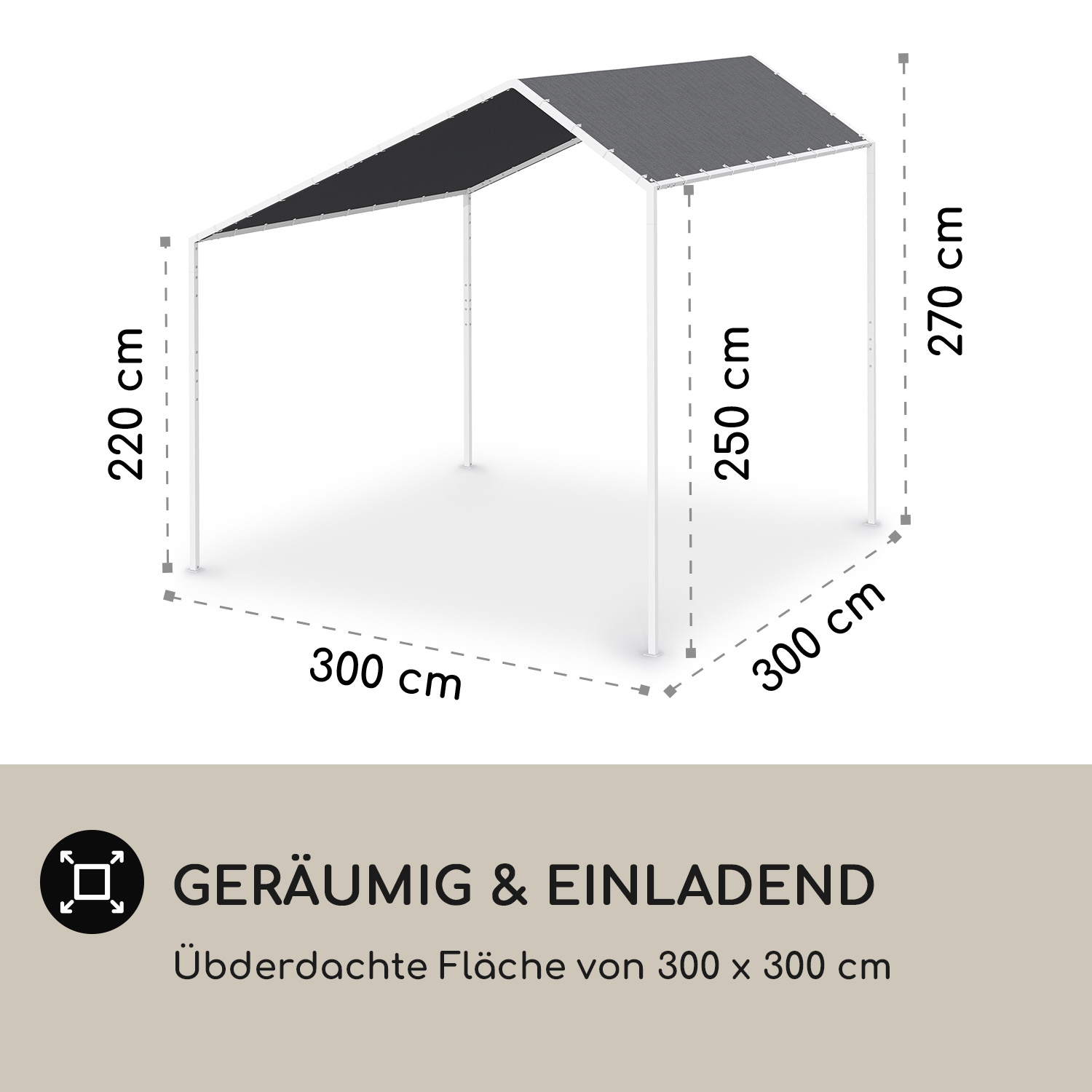 Pergola bianca e grigia con dimensioni etichettate in cm.