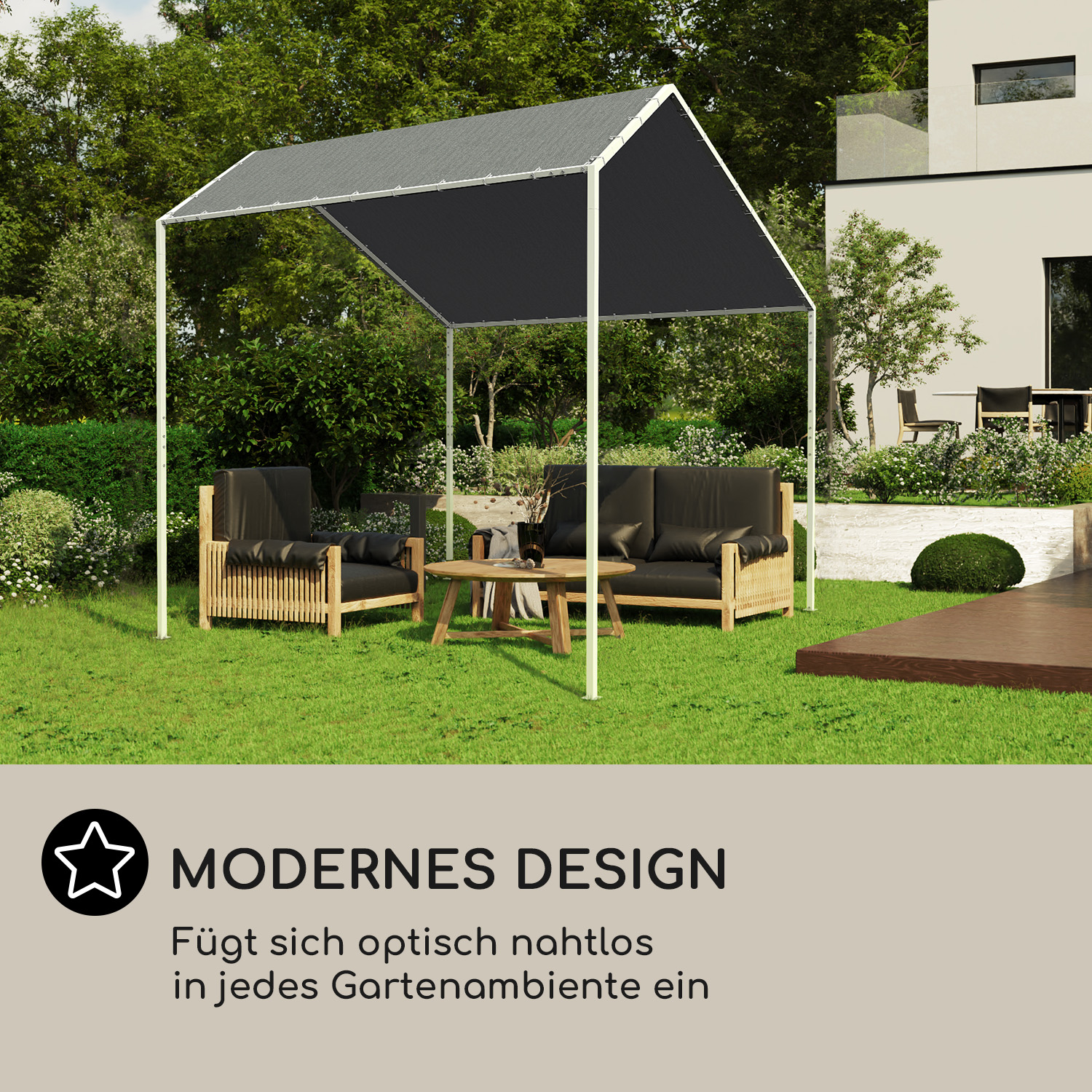 Gazebo con tetto grigio, struttura bianca e sedute nere. È sull'erba, con alberi sullo sfondo.