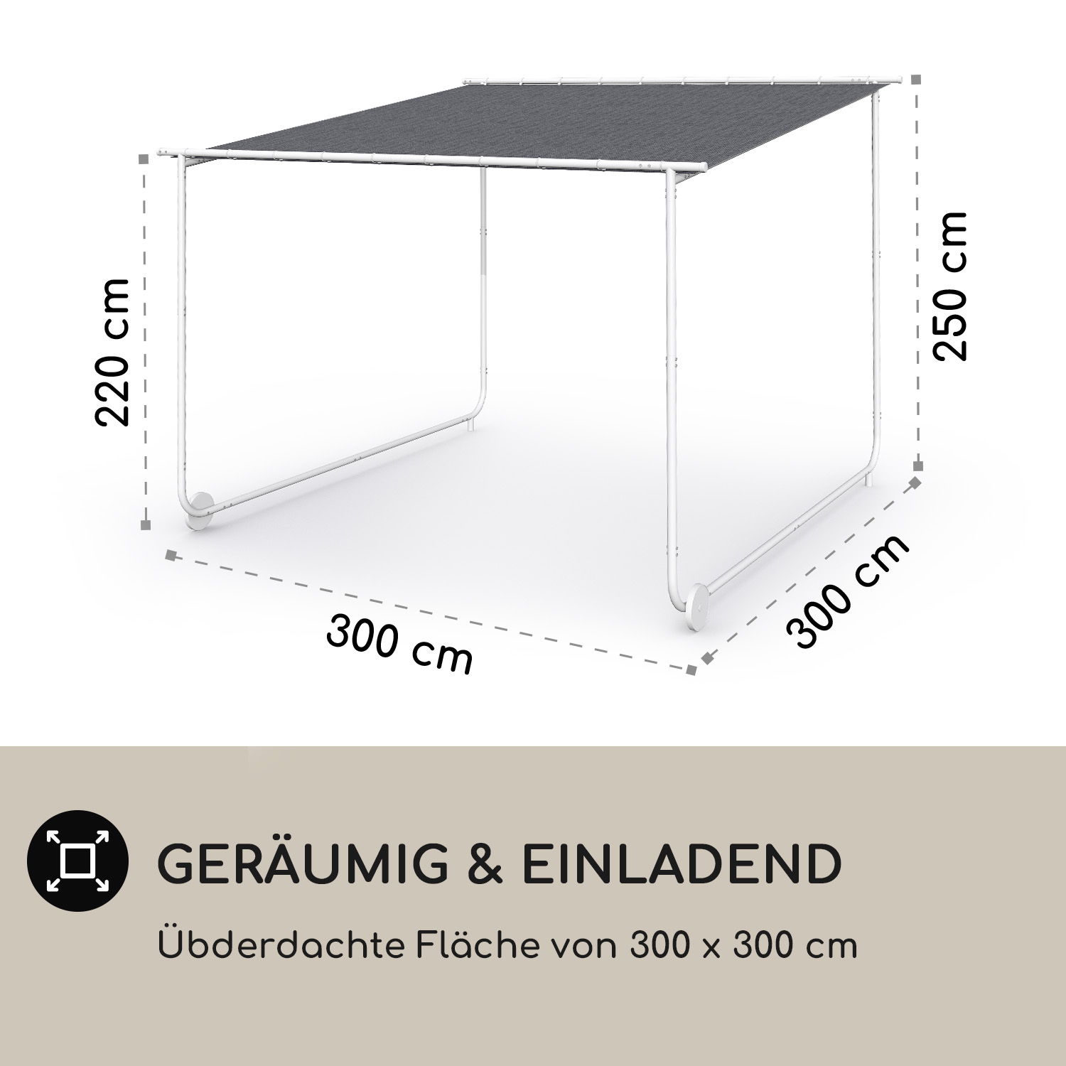 Pergola con cornice bianca con dimensioni, testo: 'GERÄUMIG & EINLADEND'.