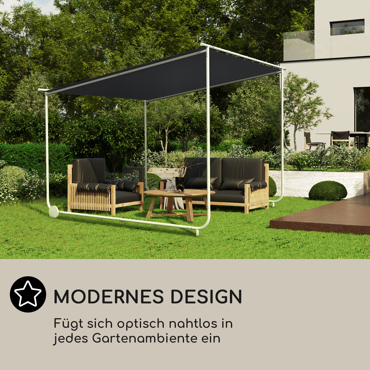 Un gazebo moderno all'aperto con posti a sedere. Il testo recita 'DESIGN MODERNO'.
