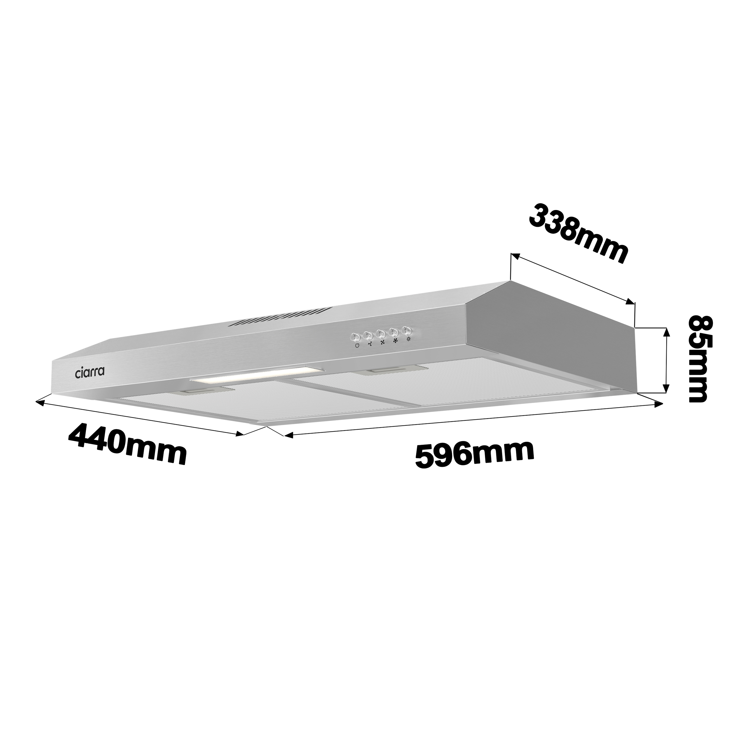 Hotte aspirante argentée. Forme rectangulaire, avec dimensions en noir. Contient des lumières et des commandes.