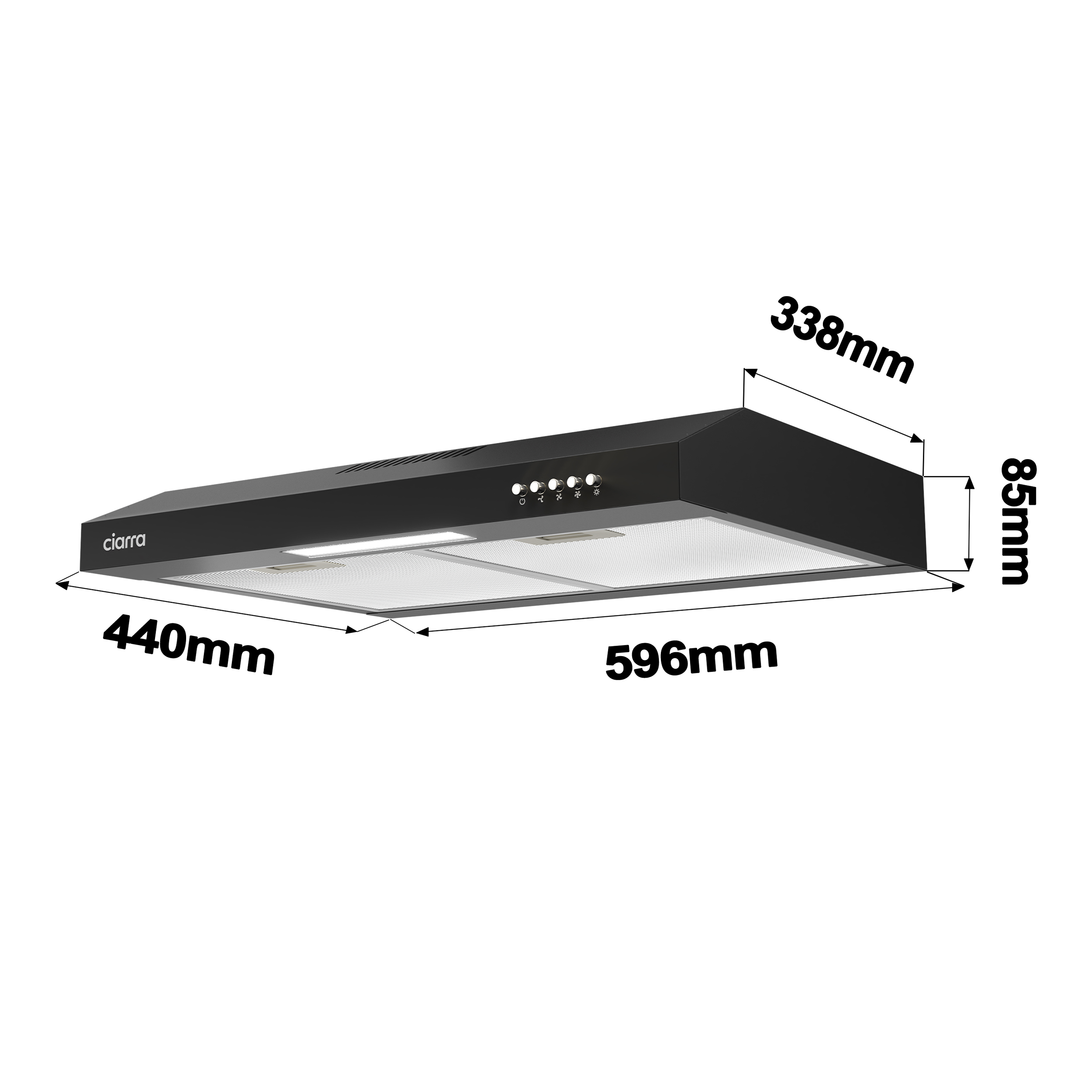 Hotte de cuisinière noire avec dimensions étiquetées en millimètres.