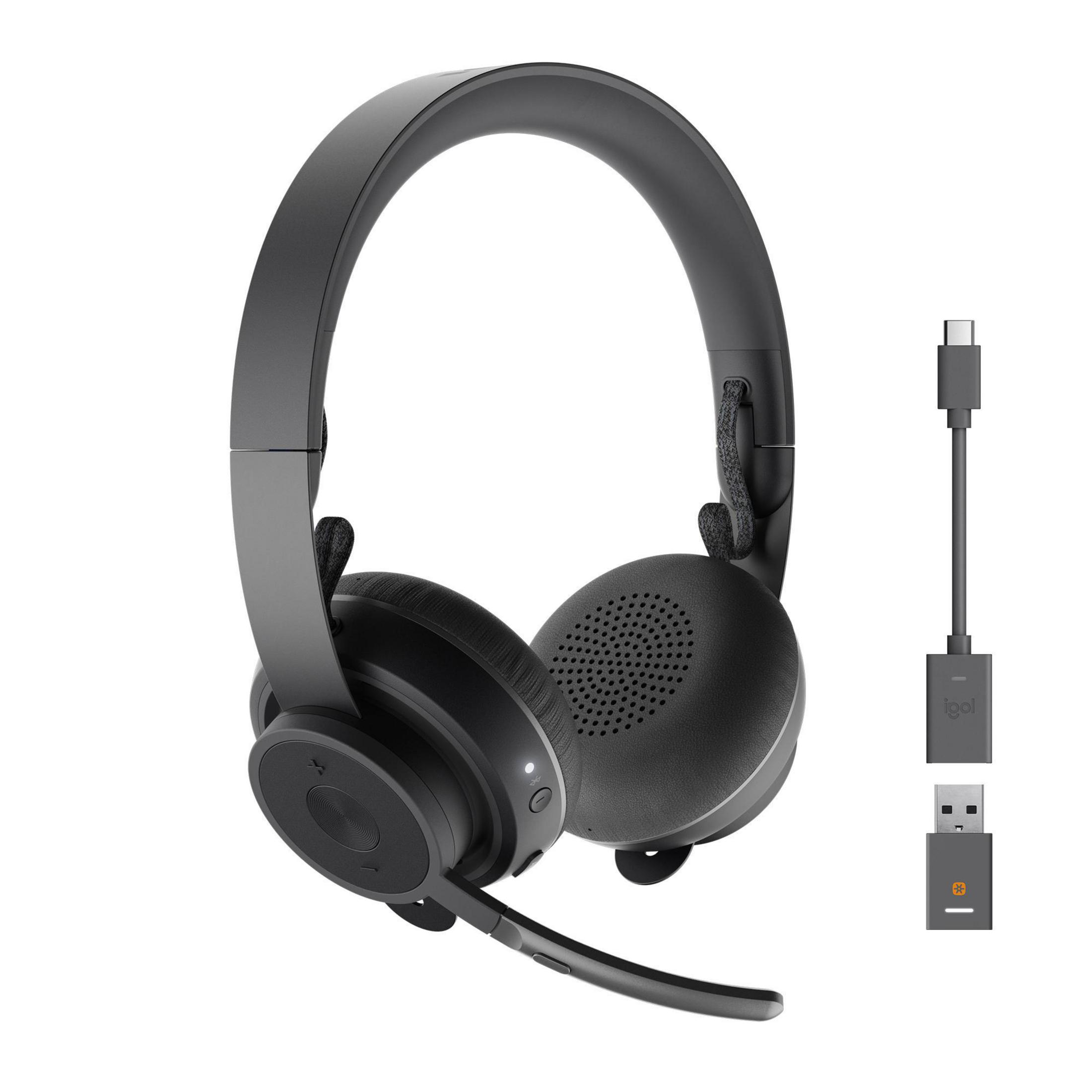 Schwarze Kopfhörer mit Mikrofon und USB-Kabel. Der Hintergrund ist weiß.