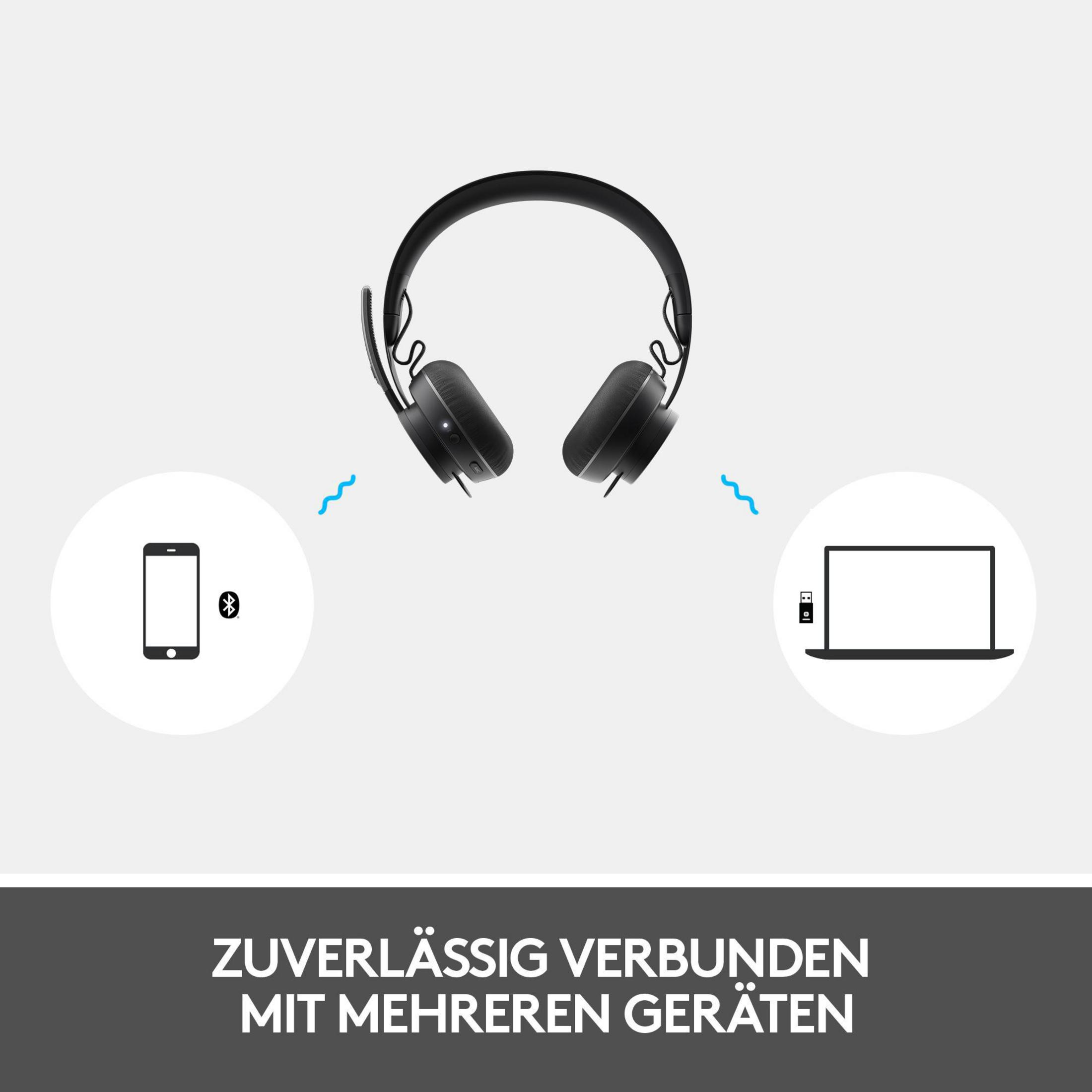 Schwarze Kopfhörer, über Bluetooth mit Telefon und Laptop verbunden, blaue Wellenlinien. Weißer Hintergrund.