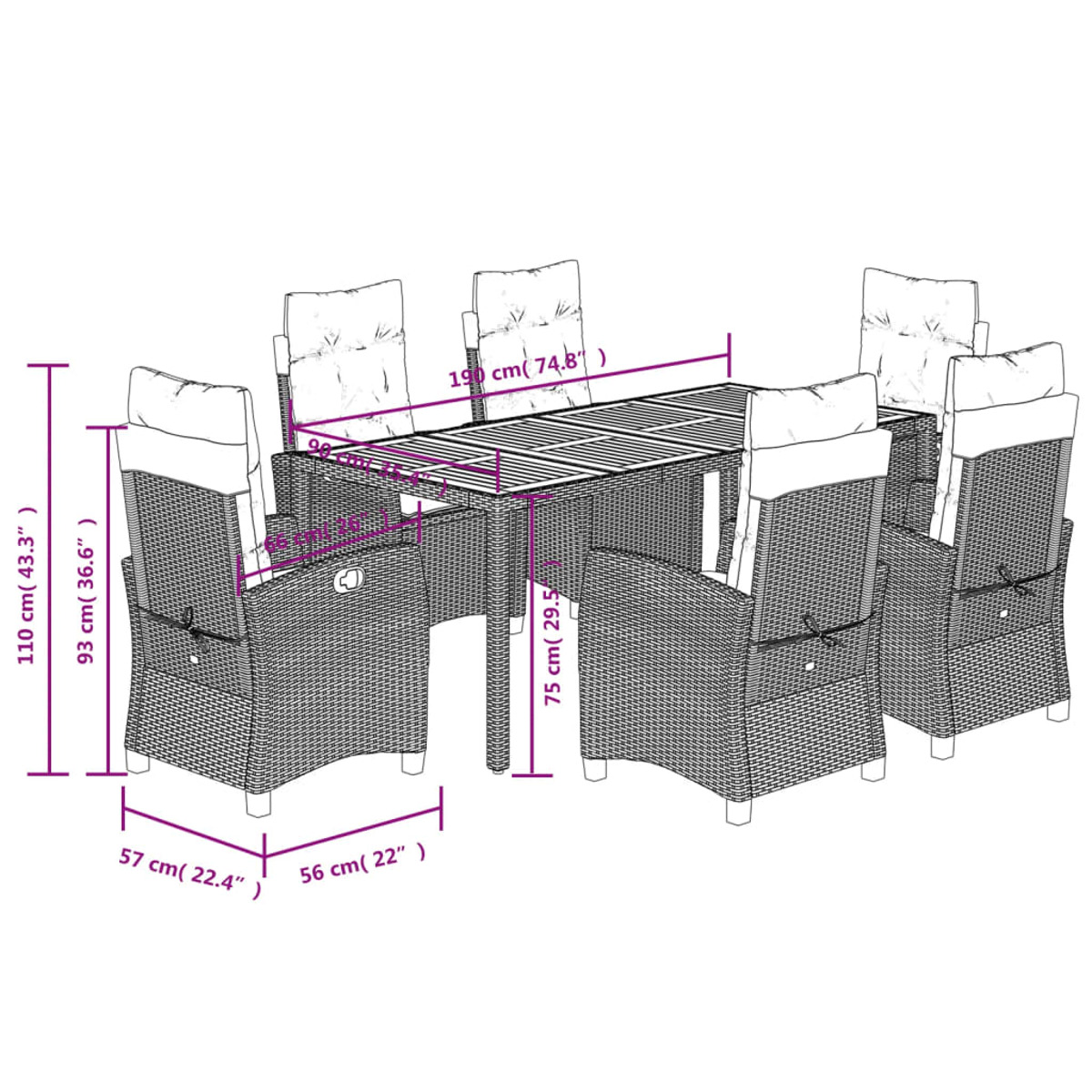 Esstisch-Set aus Korbgeflecht mit rechteckigem Tisch und sechs Stühlen, Maße in cm.