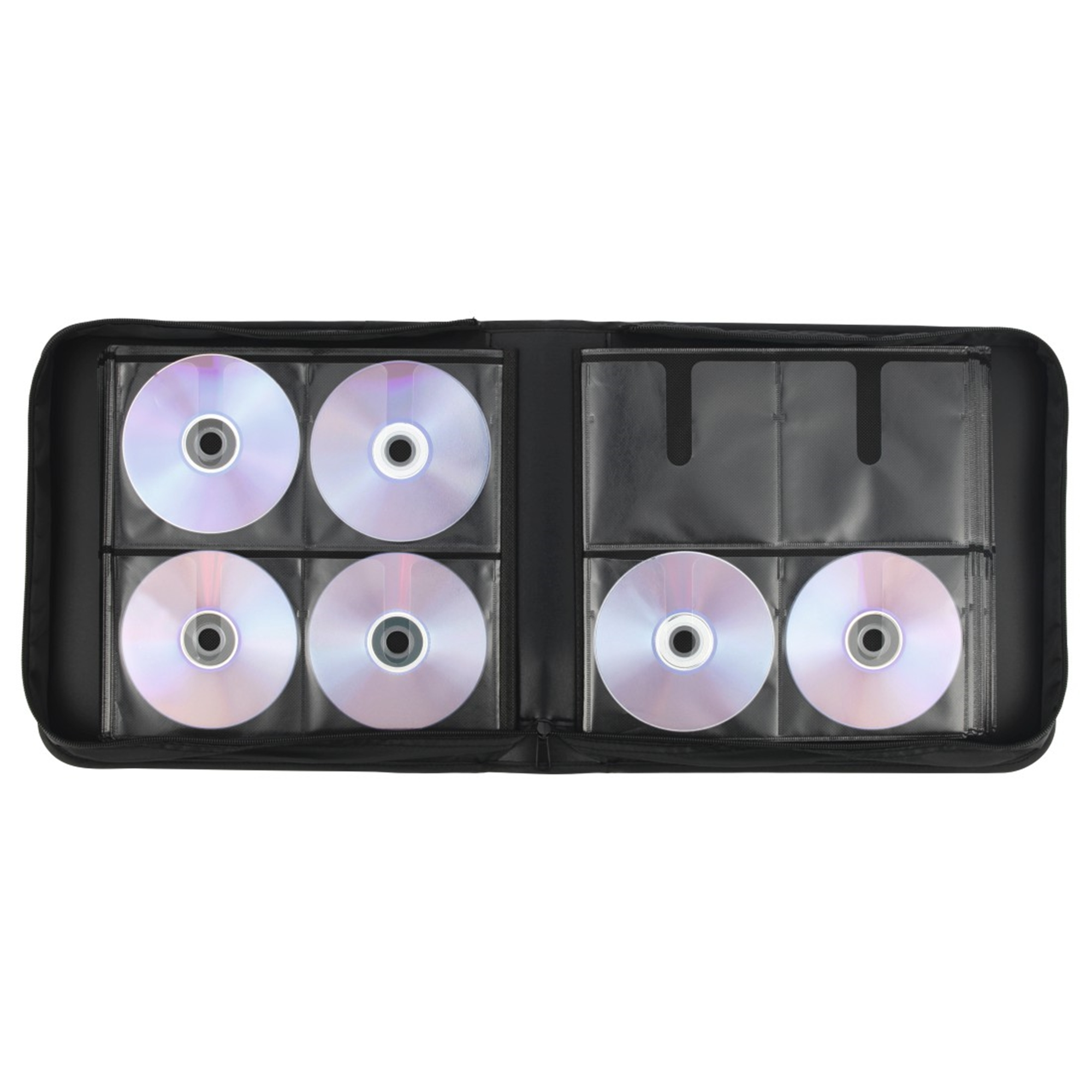 Offene schwarze CD-Hülle mit sechs CDs. CDs sind reflektierend und silberfarben.