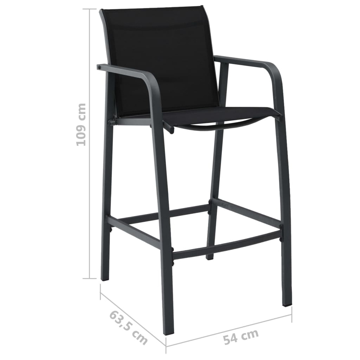 Schwarzer Metall-Barhocker mit Netz-Sitz und Rückenlehne, Abmessungen sichtbar.