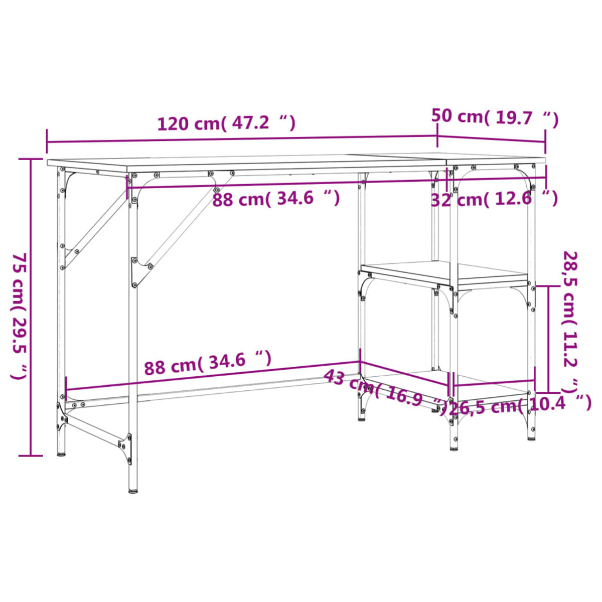 Schreibtisch mit Maßen: 120 cm x 50 cm oben, 88 cm Beine, 32 cm Regal, 75 cm Höhe.