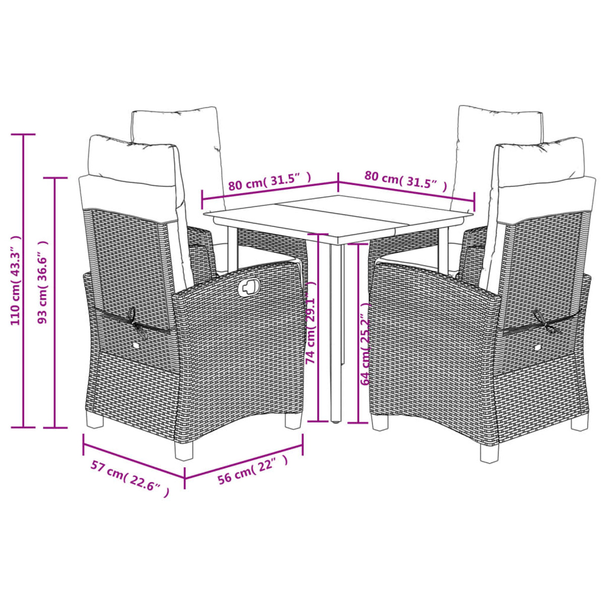Vier Rattanstühle um einen quadratischen Tisch. Abmessungen werden angezeigt.