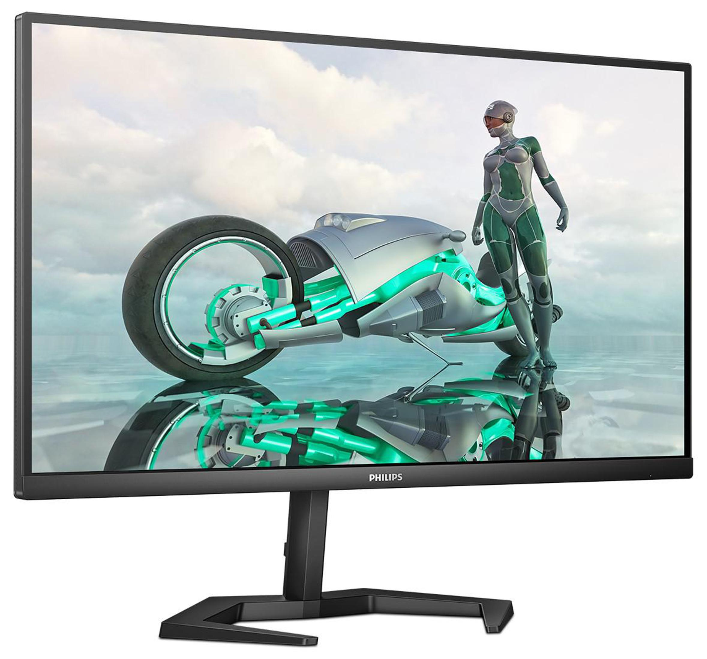 Computerbildschirm mit futuristischer Frau und Motorrad. Schwarzer Ständer.