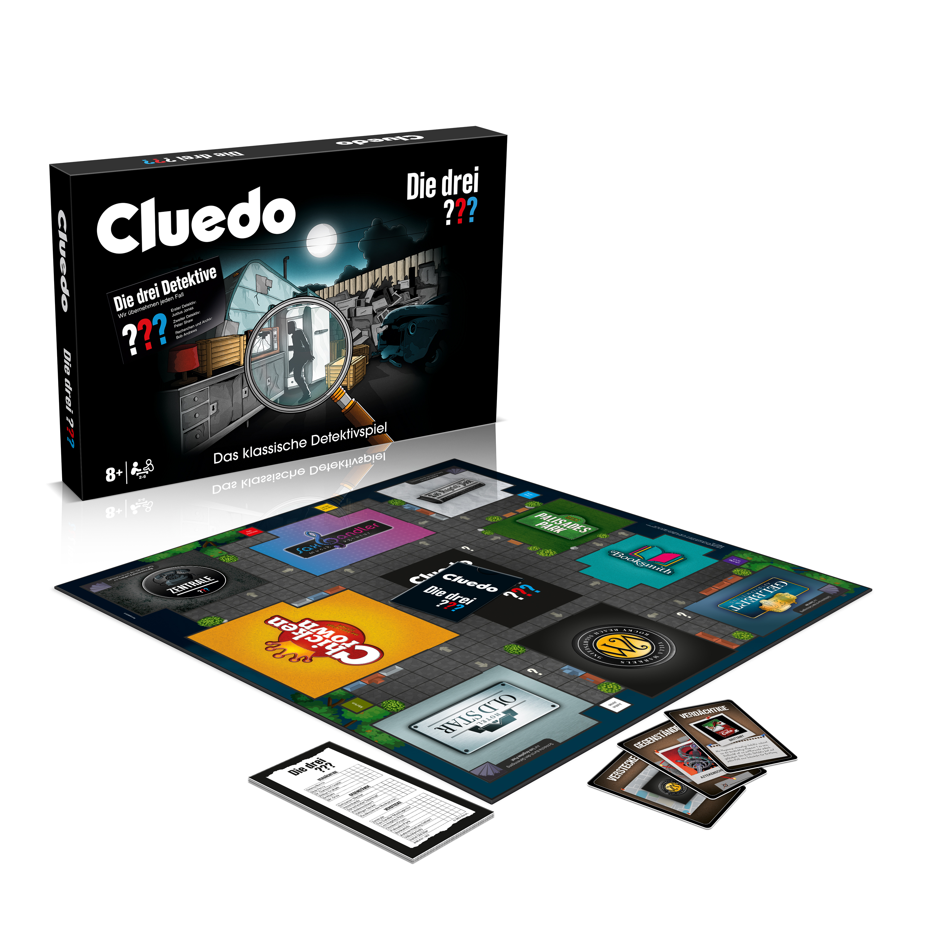 Cluedo Brettspiel. Schachtel mit Spielnamen und Spielbrett mit Karten.