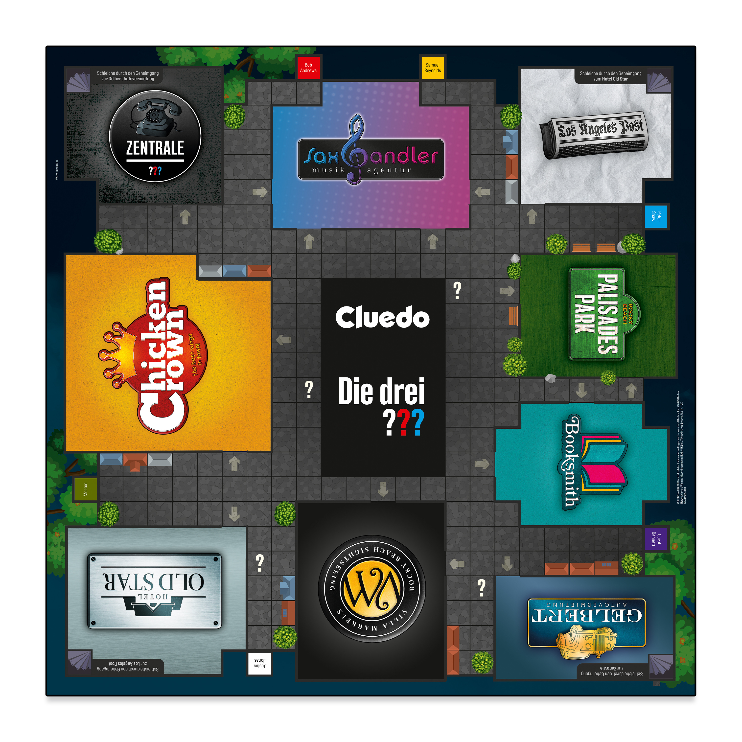 Ein Brettspiel mit einem Stadtlayout. Das Spiel heißt 'Cluedo'. Es gibt verschiedene Orte.