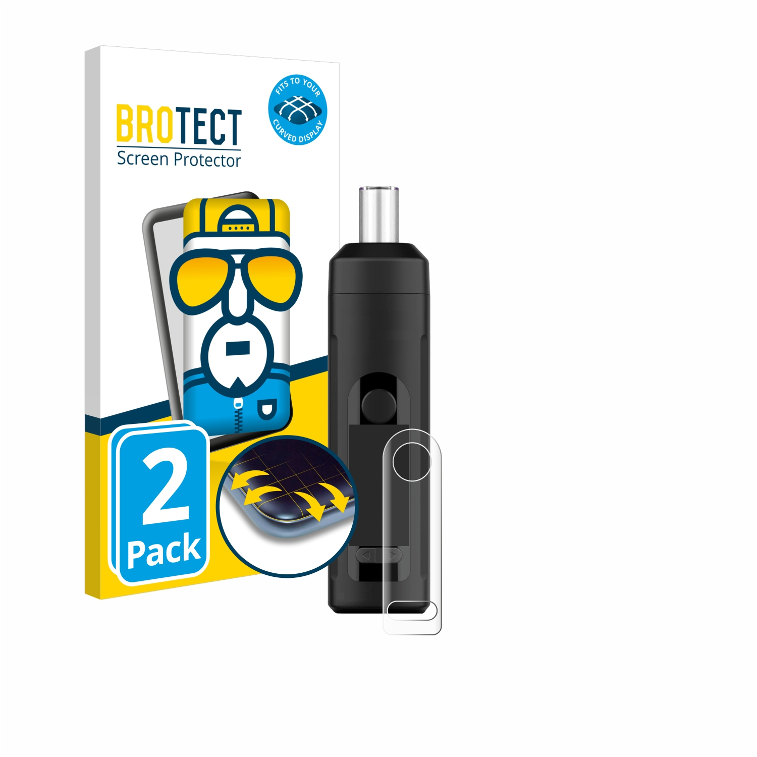 Eine schwarze Vape mit Displayschutz und einer Box. Die Box hat ein Cartoon-Gesicht und blauen Text.