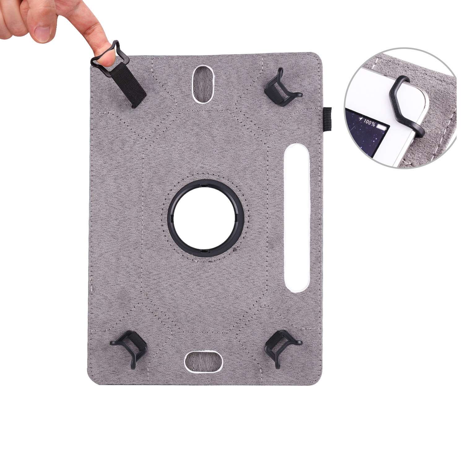 Graue Tablet-Hülle mit Hand, die den Riemen berührt, mit Tablet und Nahaufnahme.