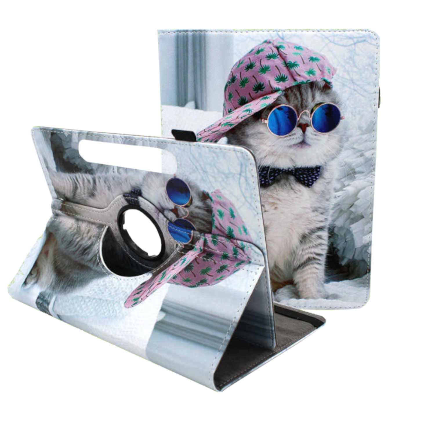 Tablethülle mit Katze mit Sonnenbrille und Hut. Die Hülle ist offen.