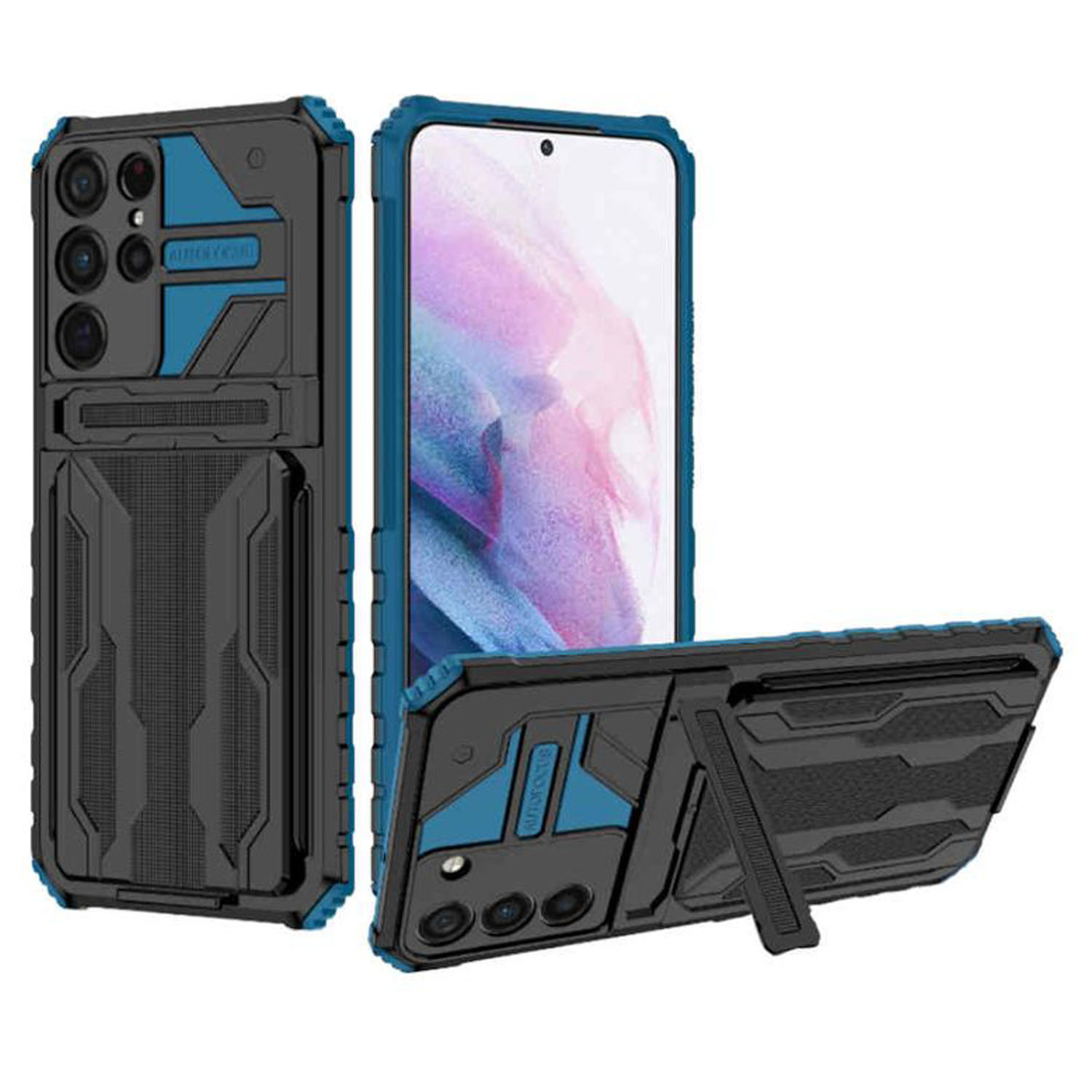 Handyhüllen-Set. Schwarze und blaue Hülle mit Handy und eine mit Ständer.