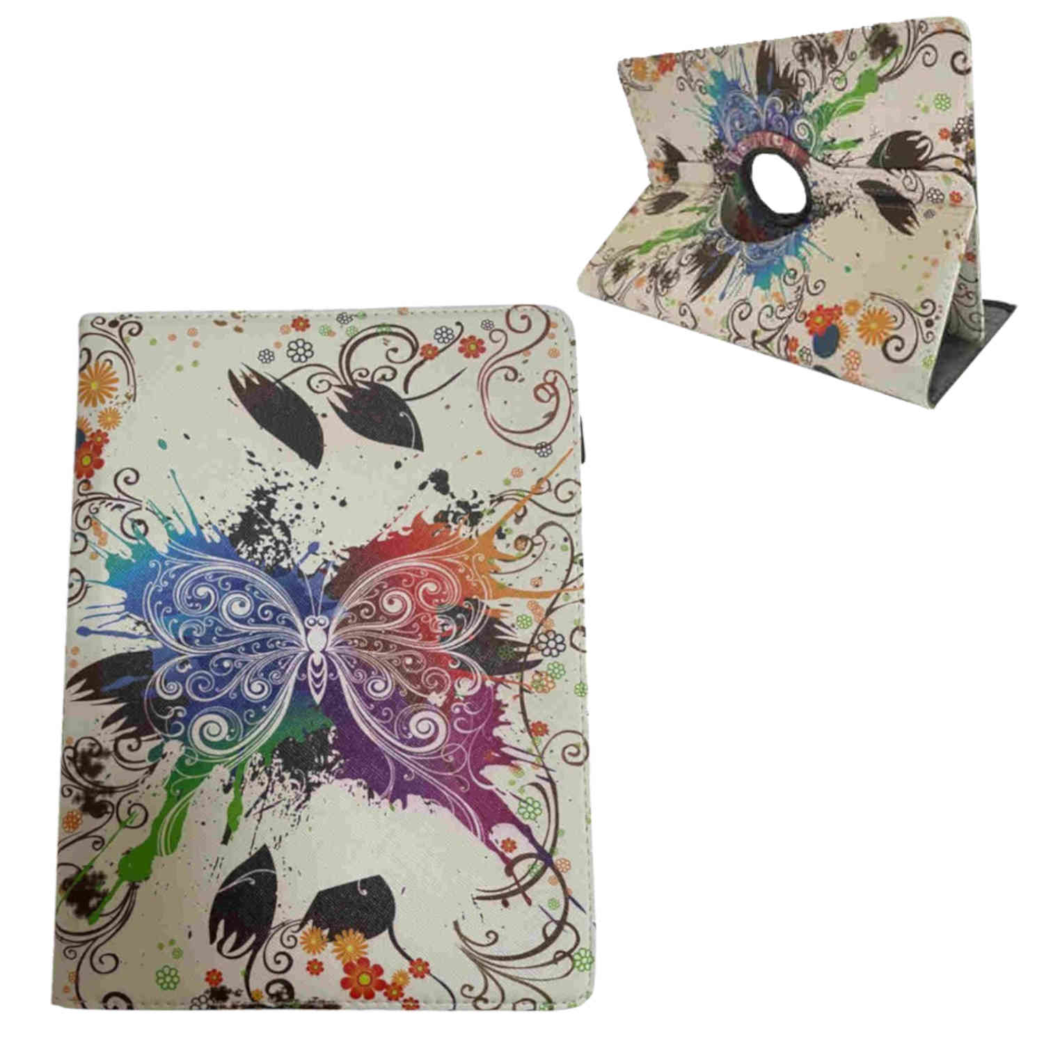 Tablethülle mit Schmetterlingsdesign. Die Hülle kann zu einem Ständer gefaltet werden.