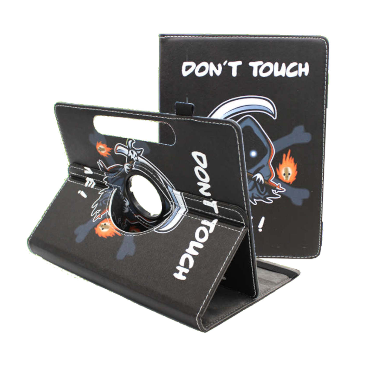 Schwarze Tablet-Hülle mit Totenkopf-Design.