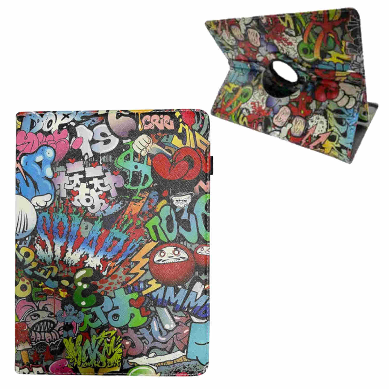 Zwei Tablet-Hüllen mit Graffiti-Kunst. Eine geschlossen, eine offen, mit lebendigen Farben und Designs.
