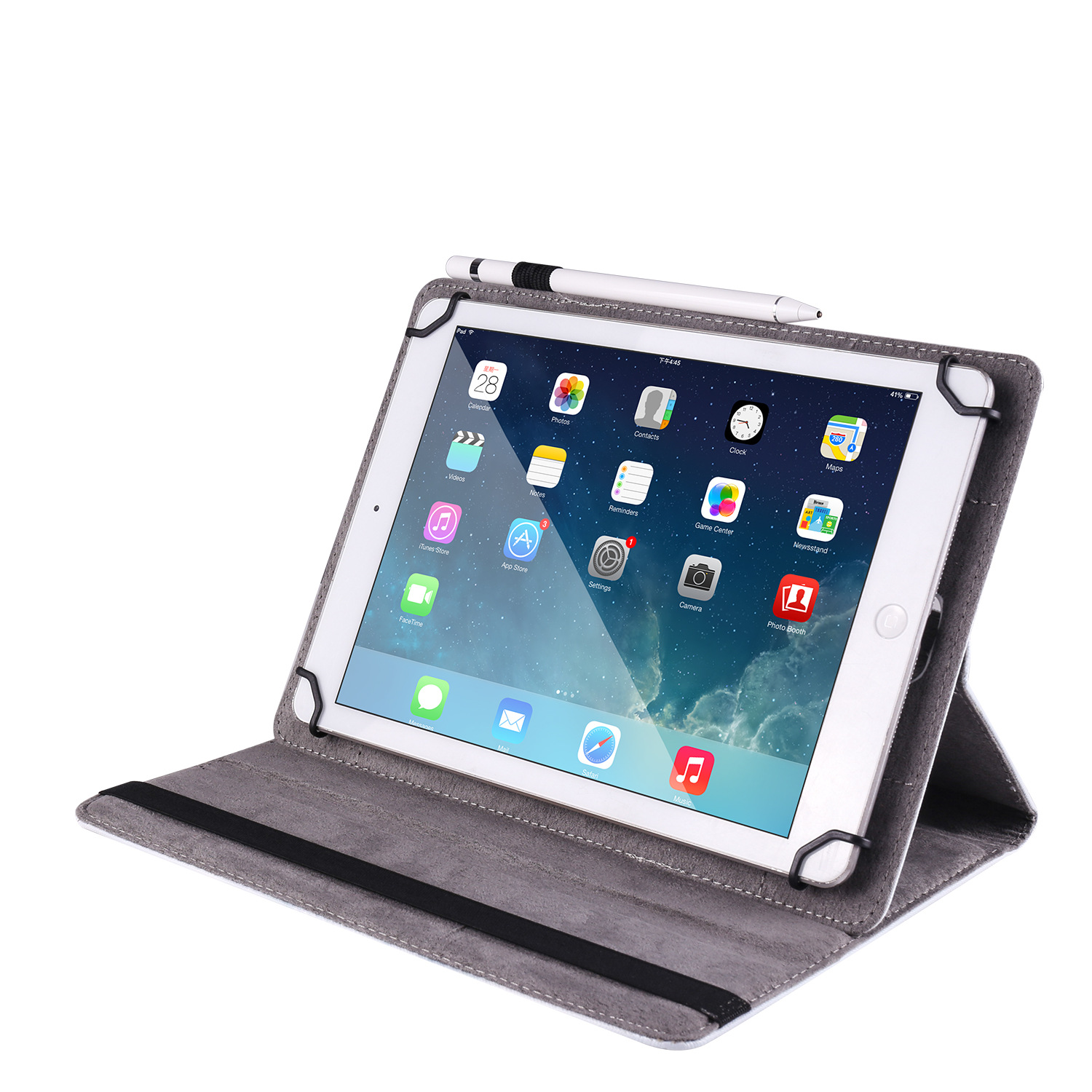 Ein Tablet in einer grauen Hülle, aufgestellt. Ein Stift ist befestigt. Der Bildschirm zeigt Apps.