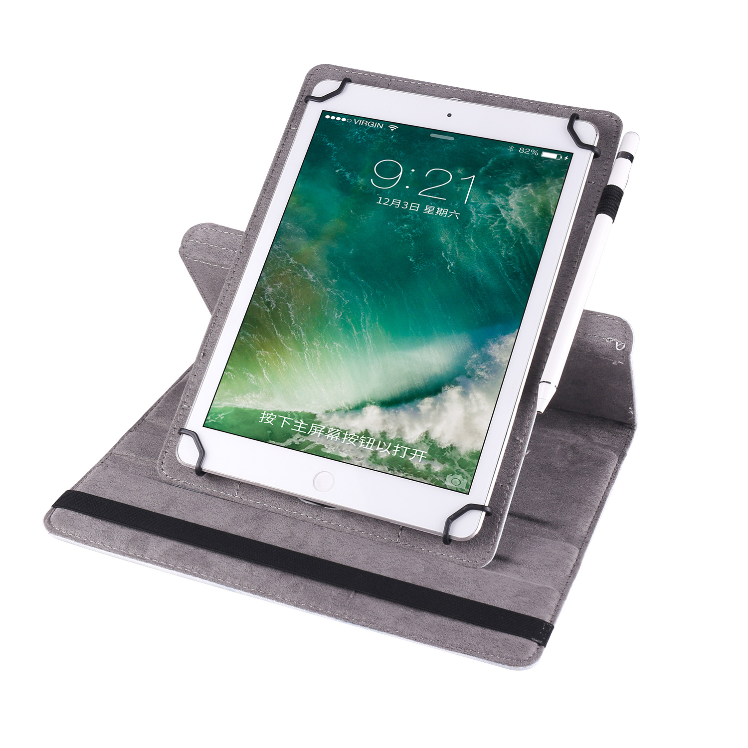 Ein Tablet in einer grauen Hülle, aufgestellt. Ein Stift ist befestigt. Der Bildschirm ist mit Apps eingeschaltet.