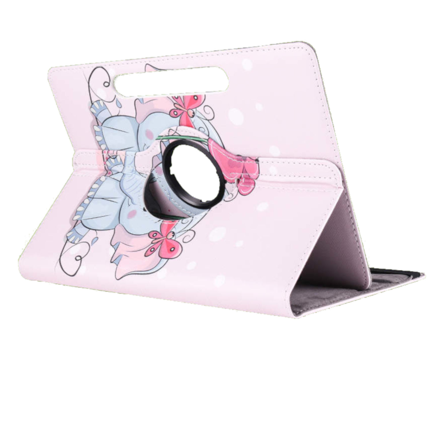 Eine rosa Tablethülle mit einer Cartoonfigur verziert, geöffnet und angezeigt.