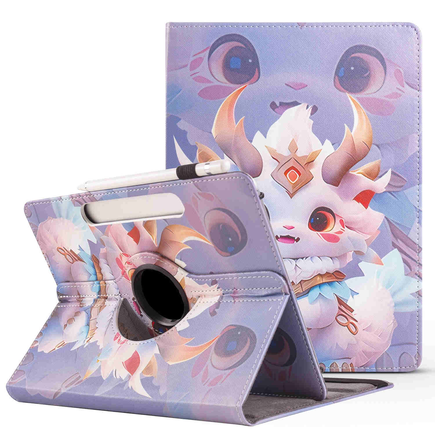 Tablet-Hülle mit einem niedlichen Zeichentrickfigur. Die Hülle ist offen mit Stift und Halter.