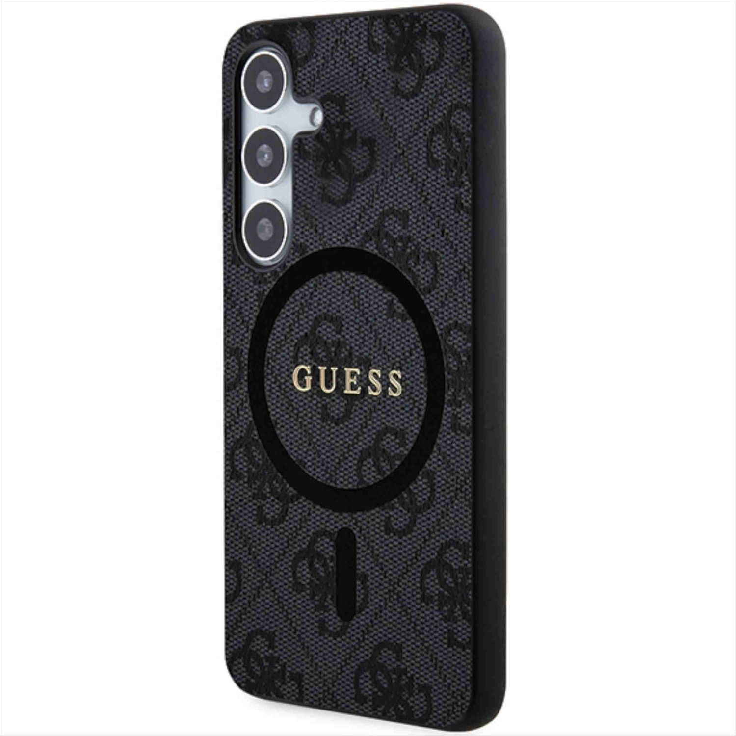 Una custodia per telefono nera con il logo Guess sul retro, che copre un telefono con fotocamere.