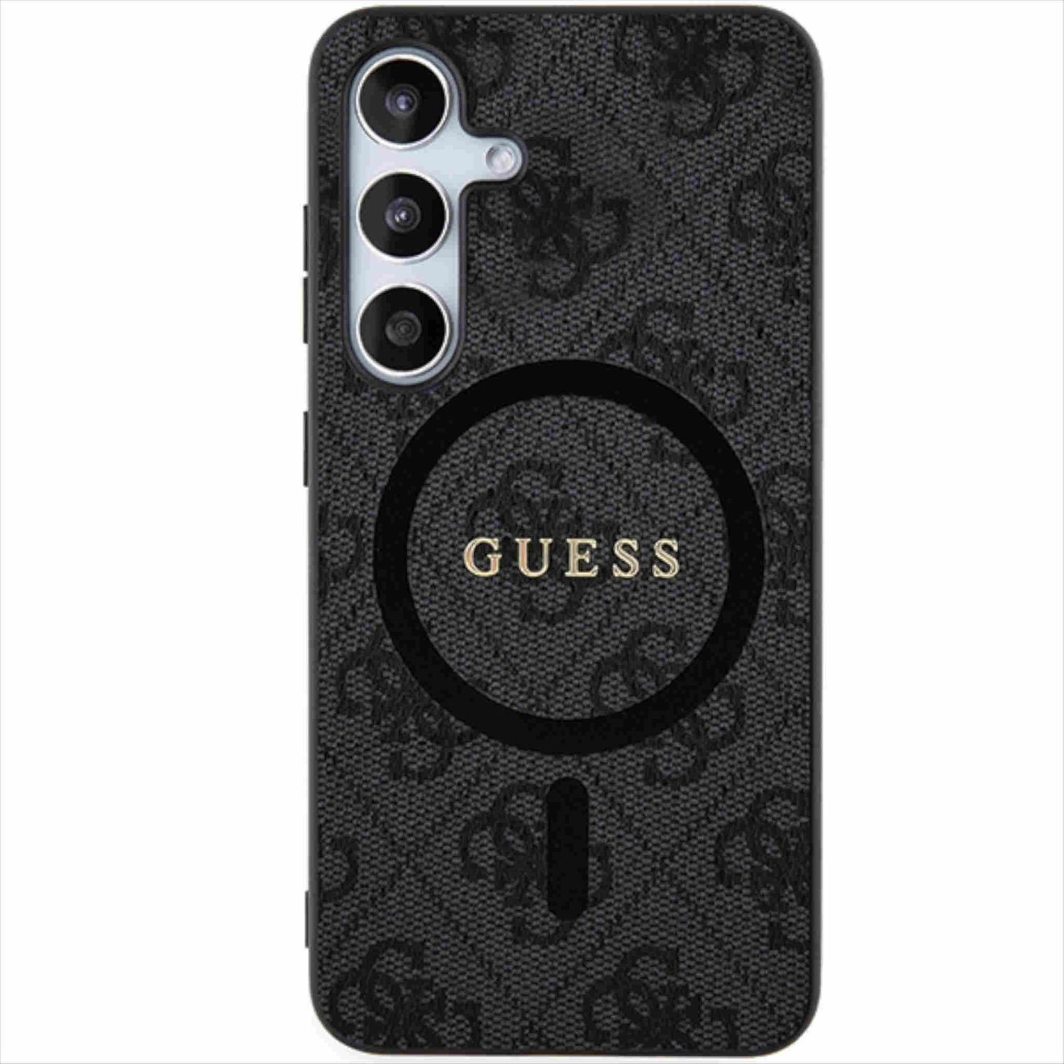 Custodia per telefono Guess nera con logo e motivo.