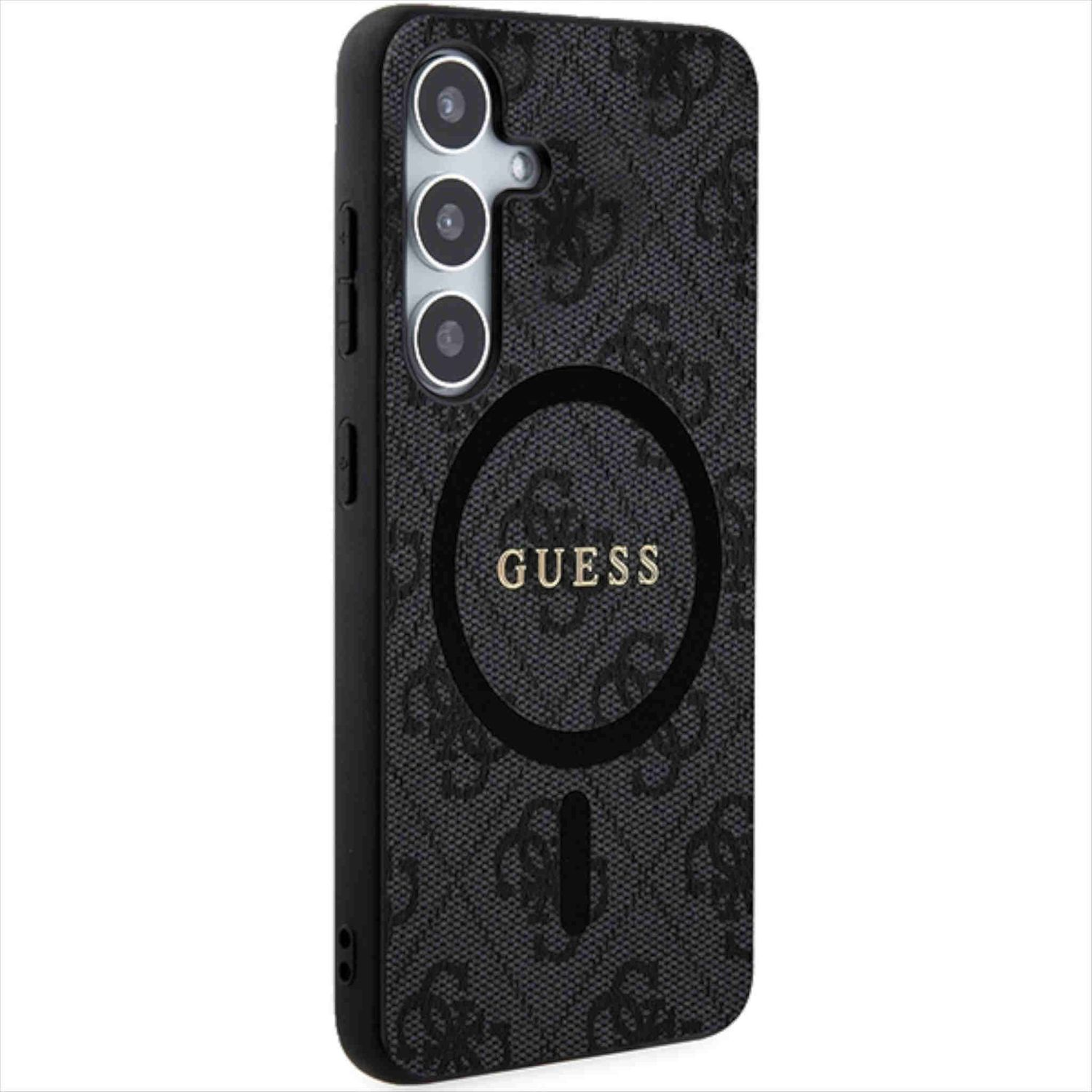 Custodia per telefono nera con logo Guess e fori per fotocamera.