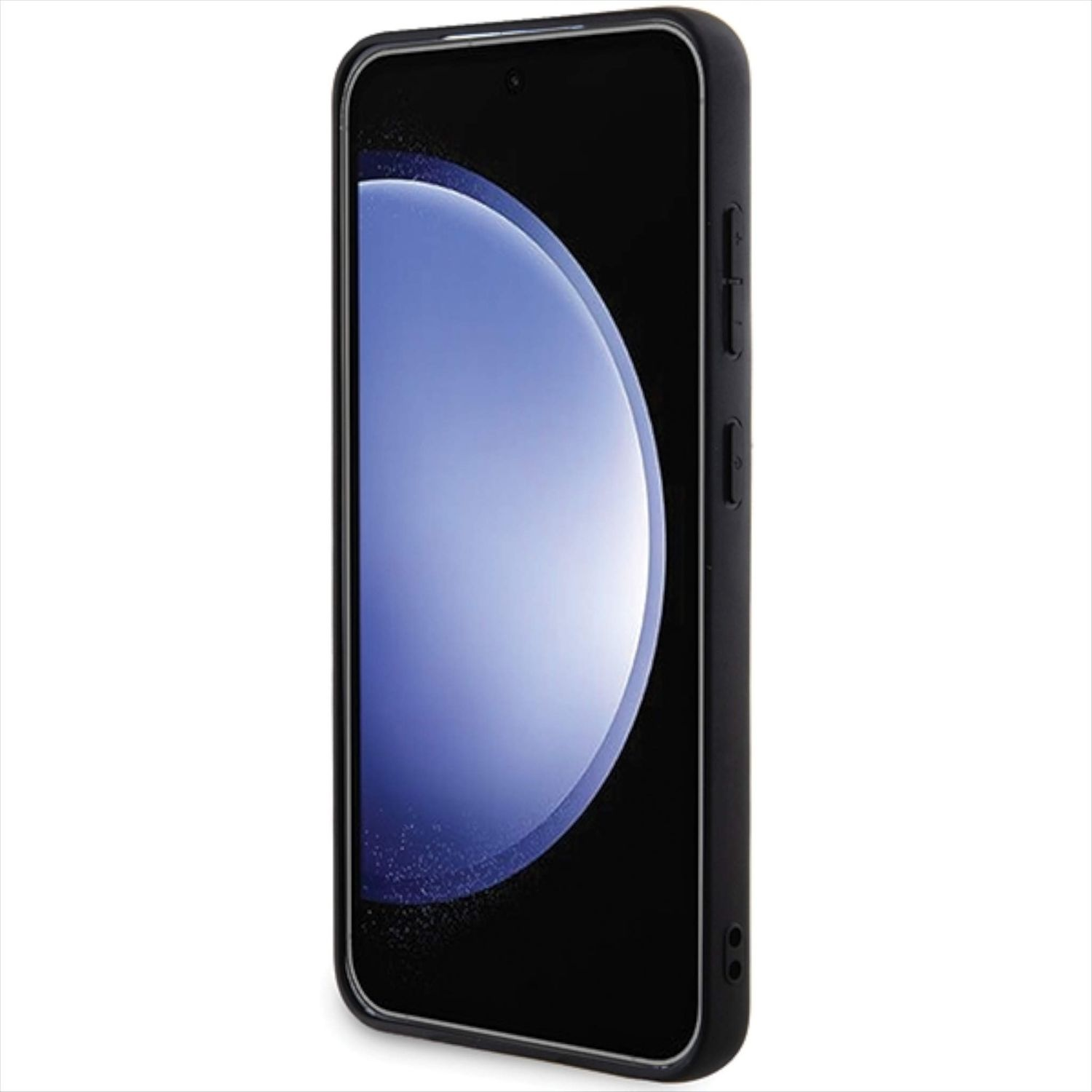 Telefono nero con schermo blu. La custodia è sul telefono. Pulsanti laterali visibili.