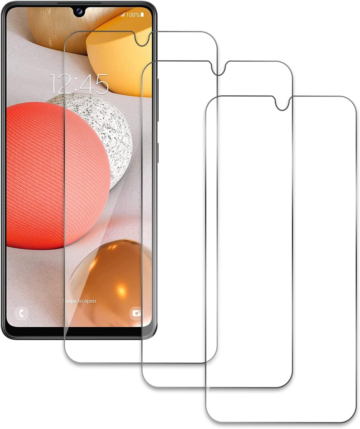 Smartphone mit Displayschutzfolien und zwei Displayschutzfolien auf weißem Hintergrund.