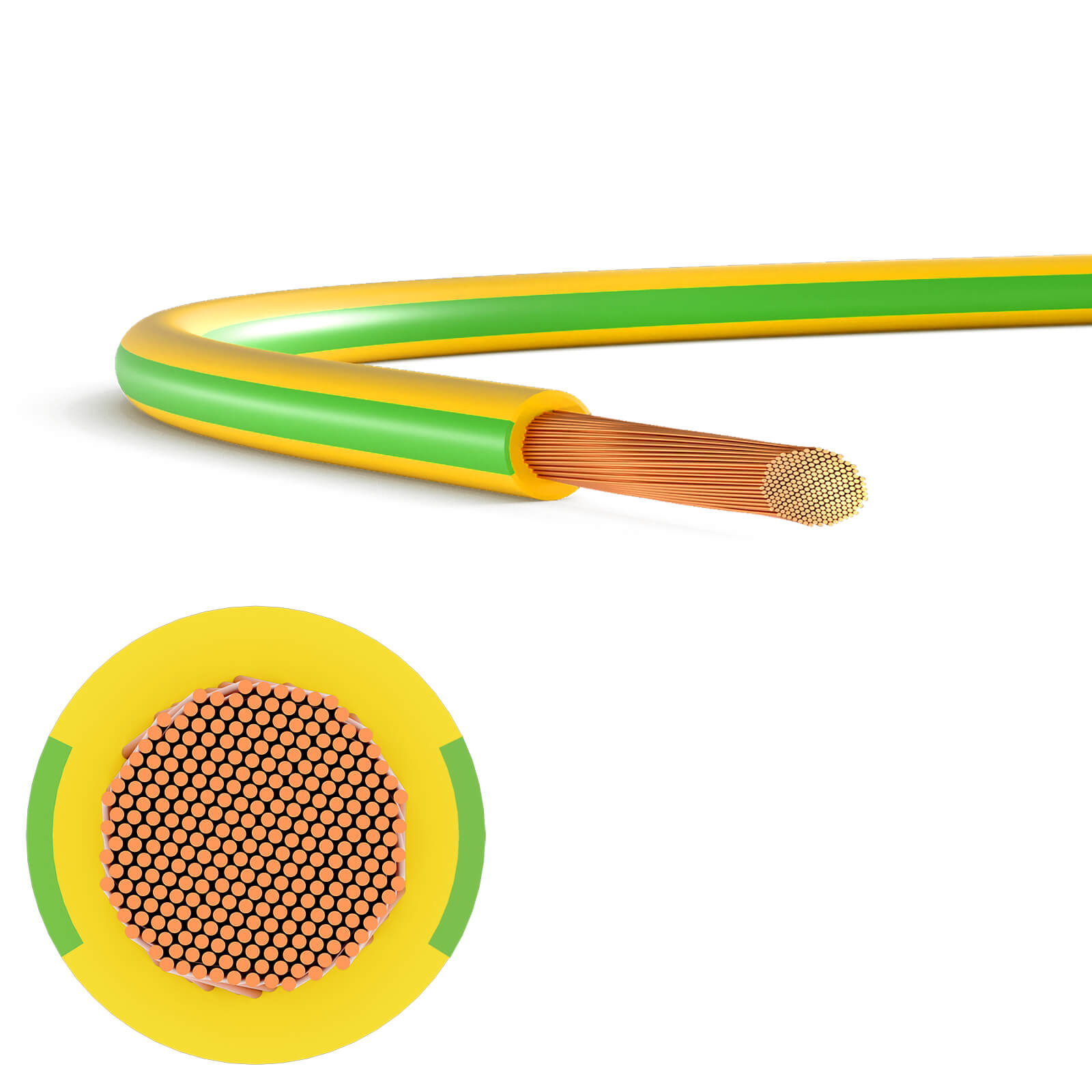Elektrisches Kabel mit gelb-grüner Isolierung. Der Draht hat Kupferlitzen innen.