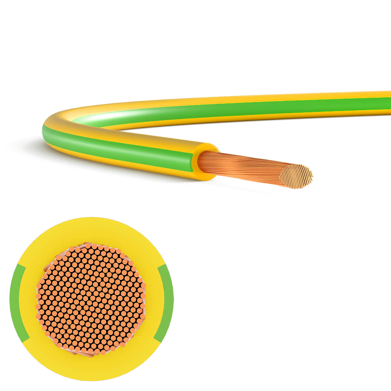 Elektrokabel mit gelb-grüner Isolierung. Das Ende zeigt Kupferdrähte.