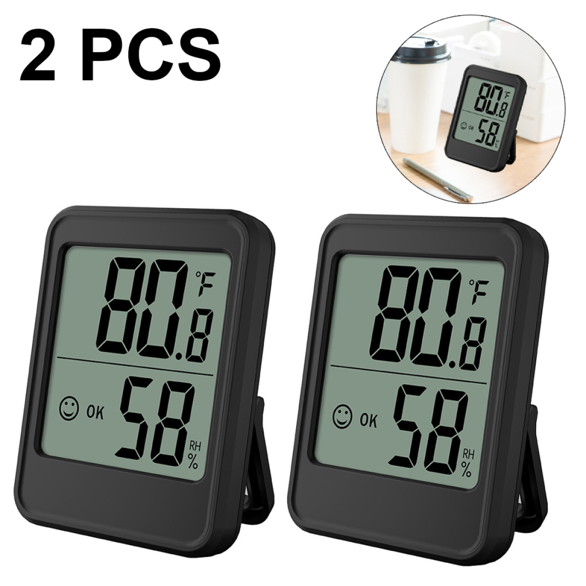 Zwei schwarze Digitalthermometer mit großen Anzeigen für Temperatur und Luftfeuchtigkeit.