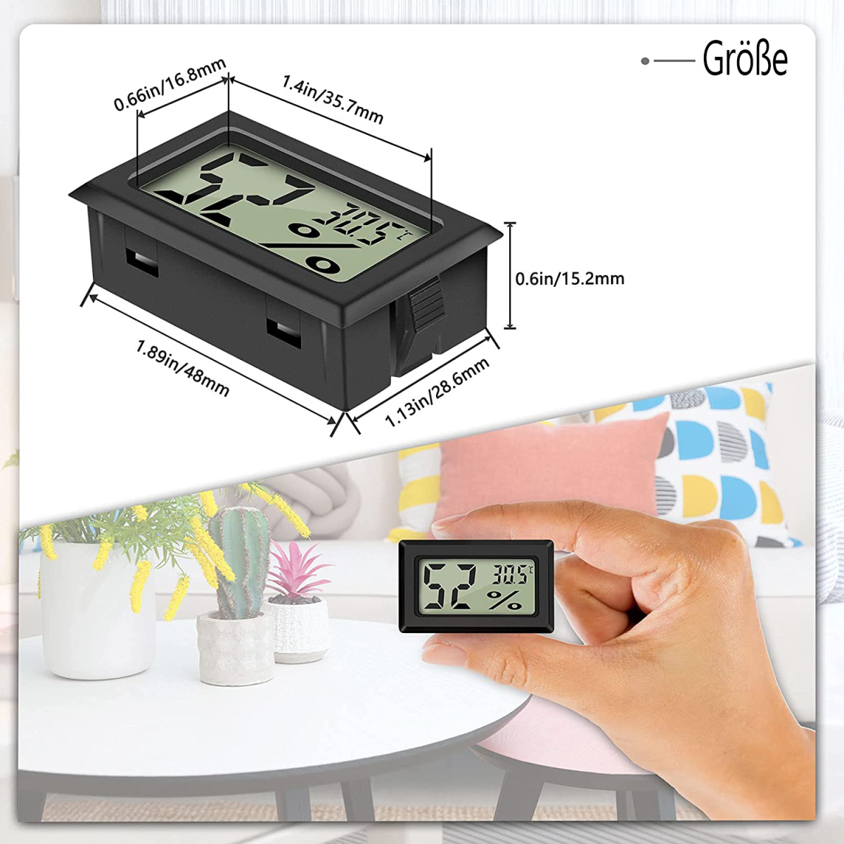 Ein schwarzes digitales Thermometer, das Temperatur und Feuchtigkeit anzeigt, in der Hand gehalten.
