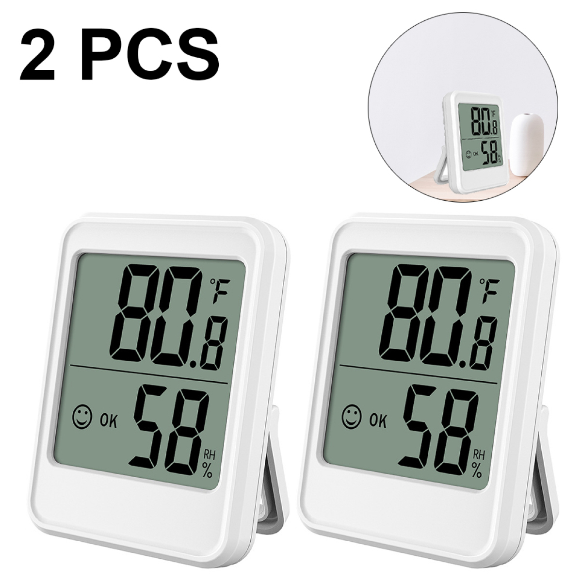 Zwei weiße digitale Thermometer mit Temperatur- und Feuchtigkeitsanzeige.