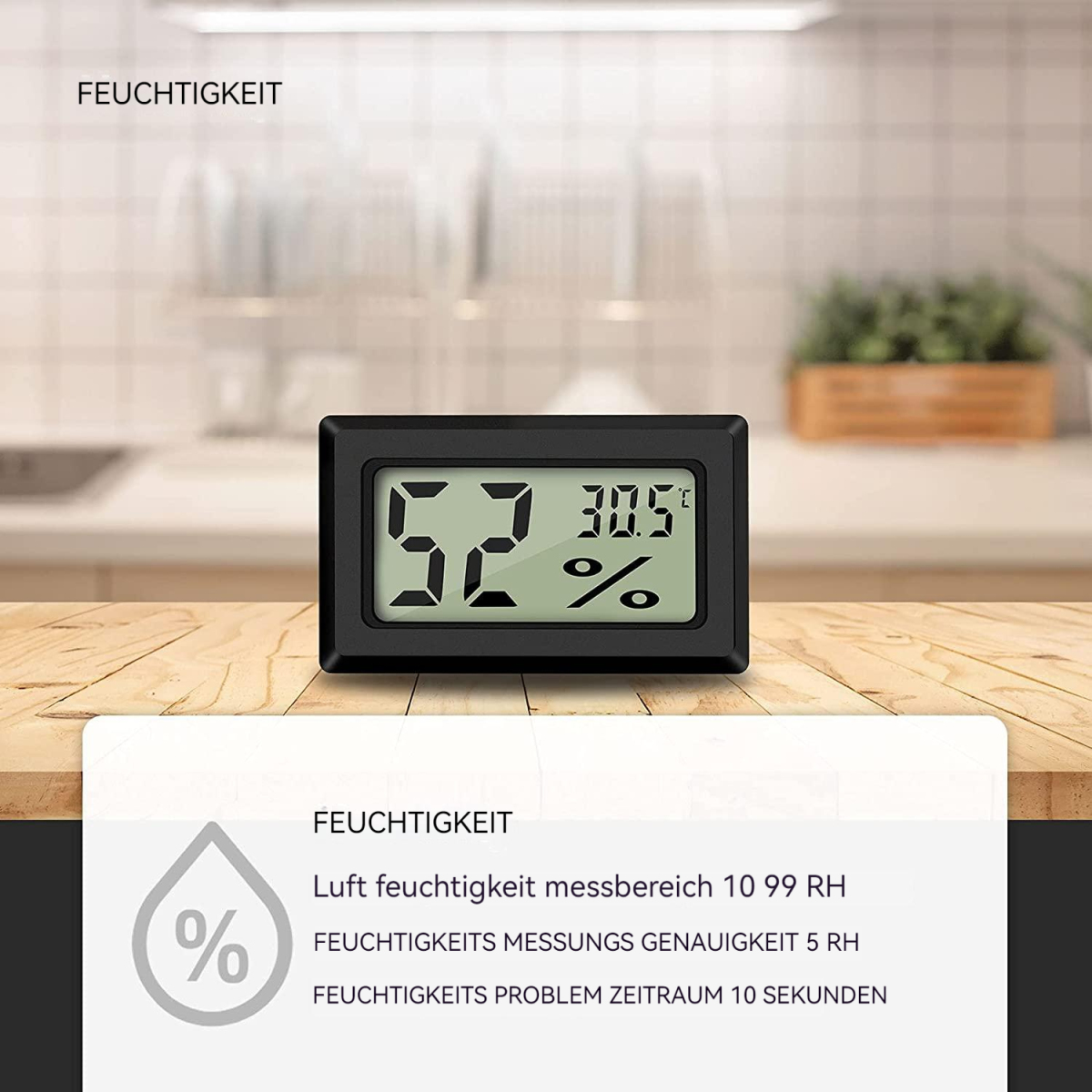 Schwarzes digitales Thermometer, das Luftfeuchtigkeit und Temperatur anzeigt, mit Text darunter.